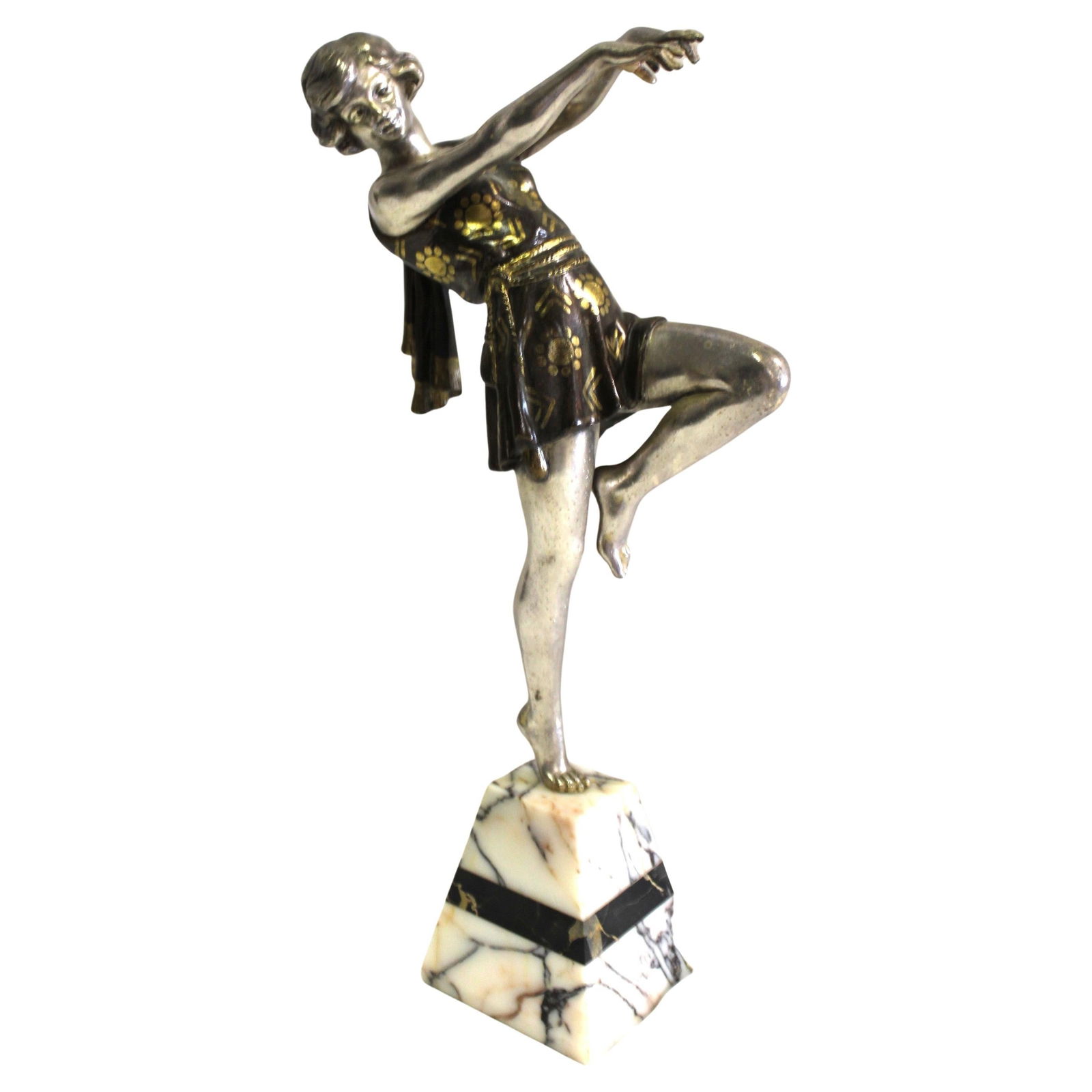 Vintage Art Deco Girl , In dance position , Silvered metal finish, Pyramid base: An original deco girl standing on one foot balanced on top of the Marble base in the shape of a Pyramid . Cast in metal with an applied Silver plated finish . Her Dress is hand painted finish . Total