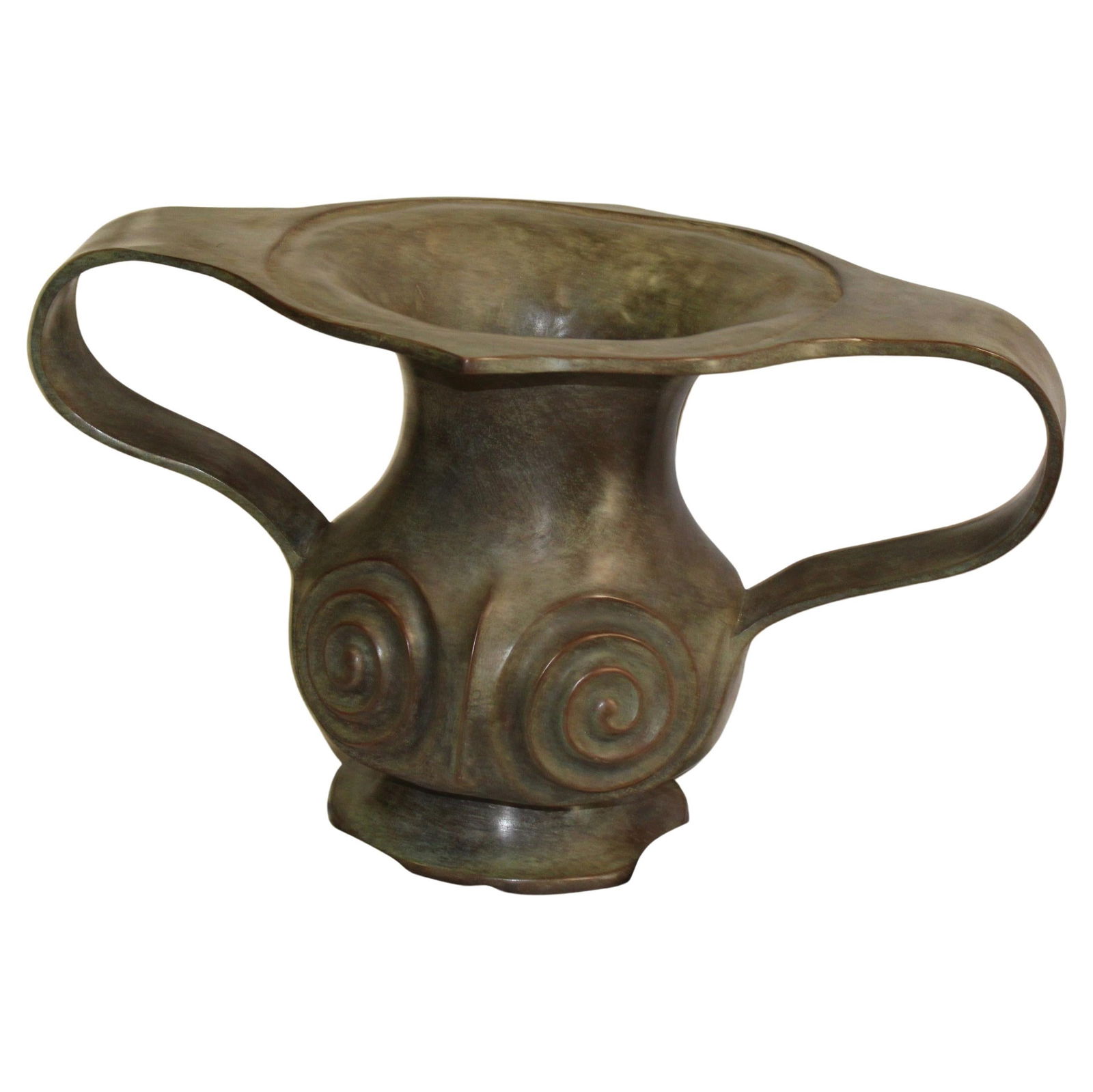 Double Handle Japanese Bronze Vase After Edo Period: A rare style of Japanese Edo Period Vase . Cast in lost wax bronze with an unique greenish patina finish . Larger size at 21" wide and 12" height . About 13 1/2" across and with a 8 1/2" dia flared