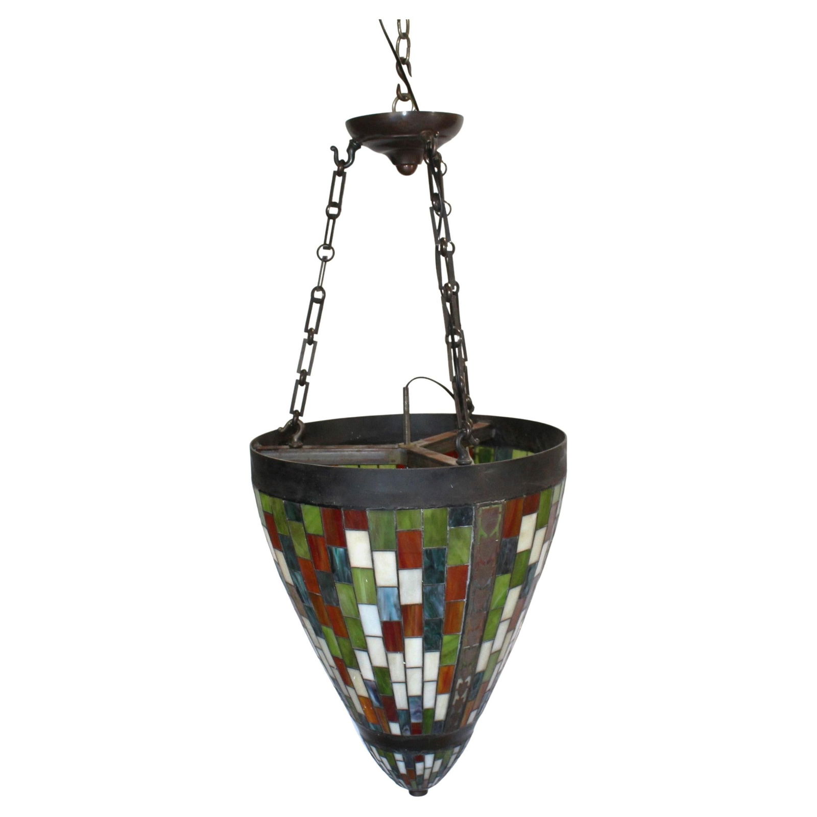 Mid Century Modern Pendant , Tiffany type glass work , Custom: Custom designed by an interior designer in Los Angeles for a hotel . Hand Made in the Tiffany style of Copper foil and leaded art Glass . Metal frame is finished in a bronze color . Inter is with a 6