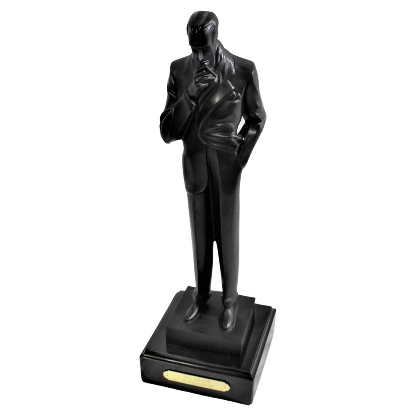 Mid Century /Modern Bronze Smoker Black: A mid century bronze contemporary cast ( Smoker ). In the manner of J C Leyendecker. From a private collector. Bronze with black patina mounted on an absolute black marble base with name tag. This