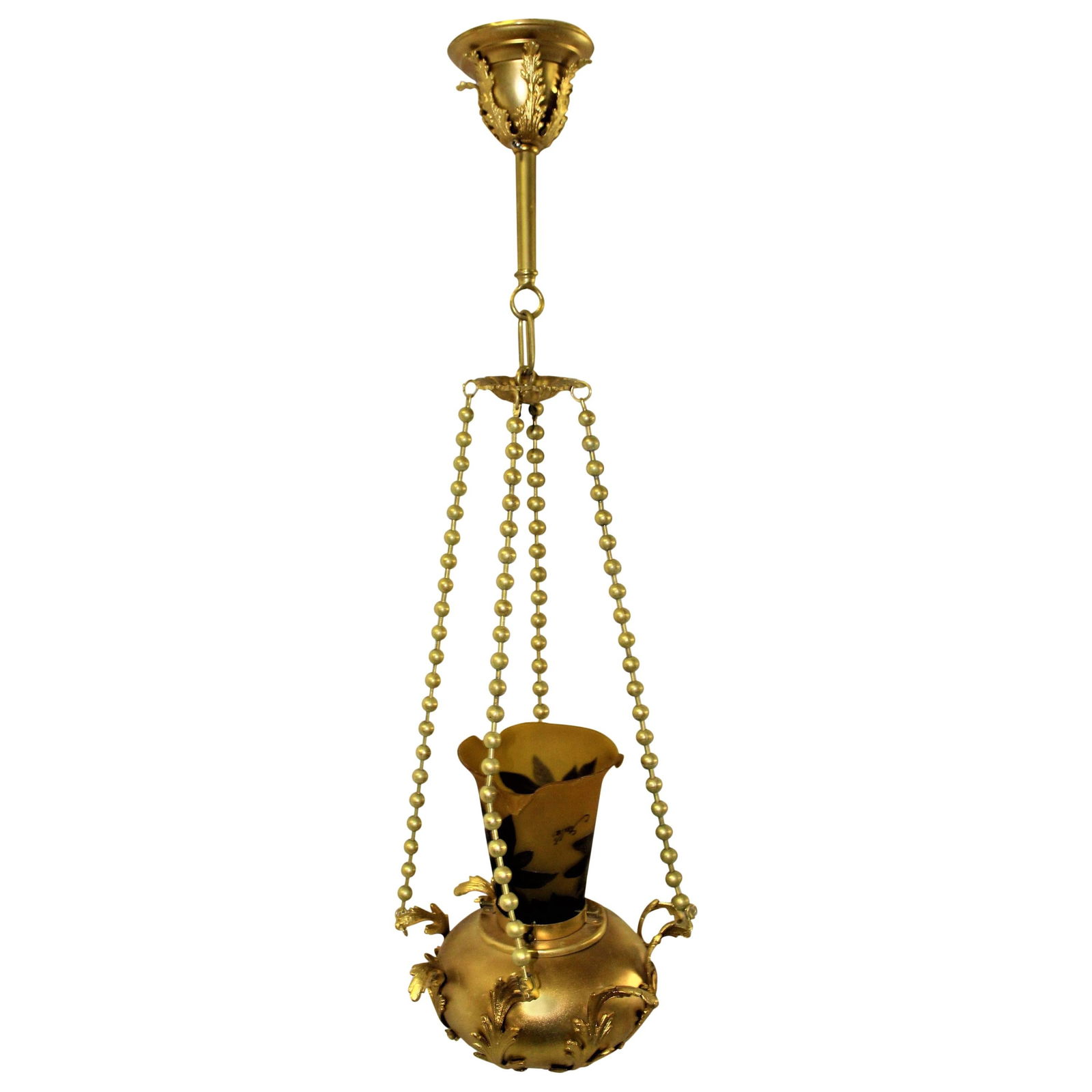 Art Nouveau Pendant Light, 22-Karat Gold Finish Galle Type Glass Shade (1 of 20)