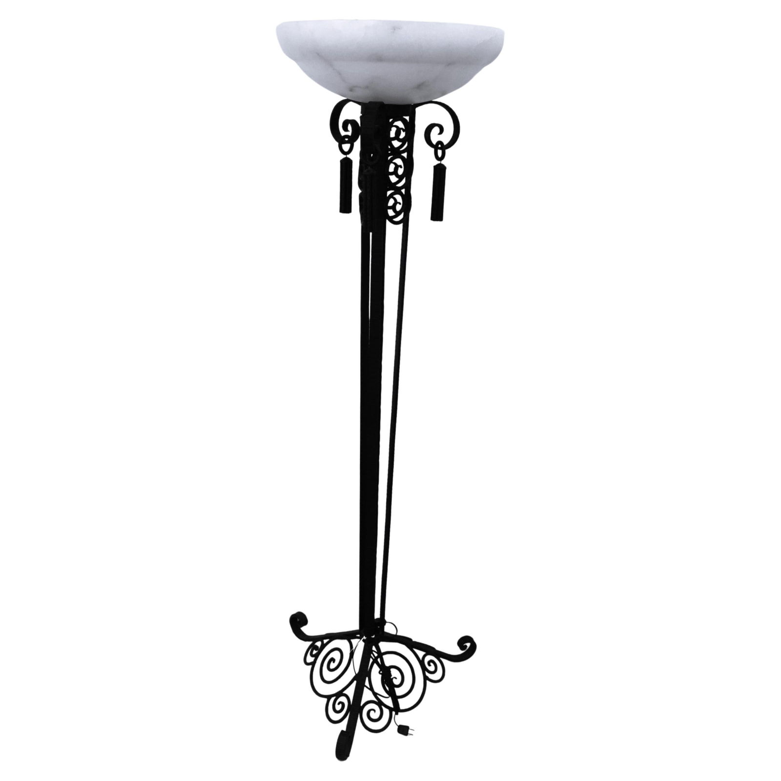 Art Deco Style Forged Iron and Alabaster Shade Floor Lamp: A well made forged Iron Floor Lamp made after the Designer Paul Kiss . All the metal work is finished and has a Semi-gloss Black painted finish . There are 3 hanging decorations that are removable .