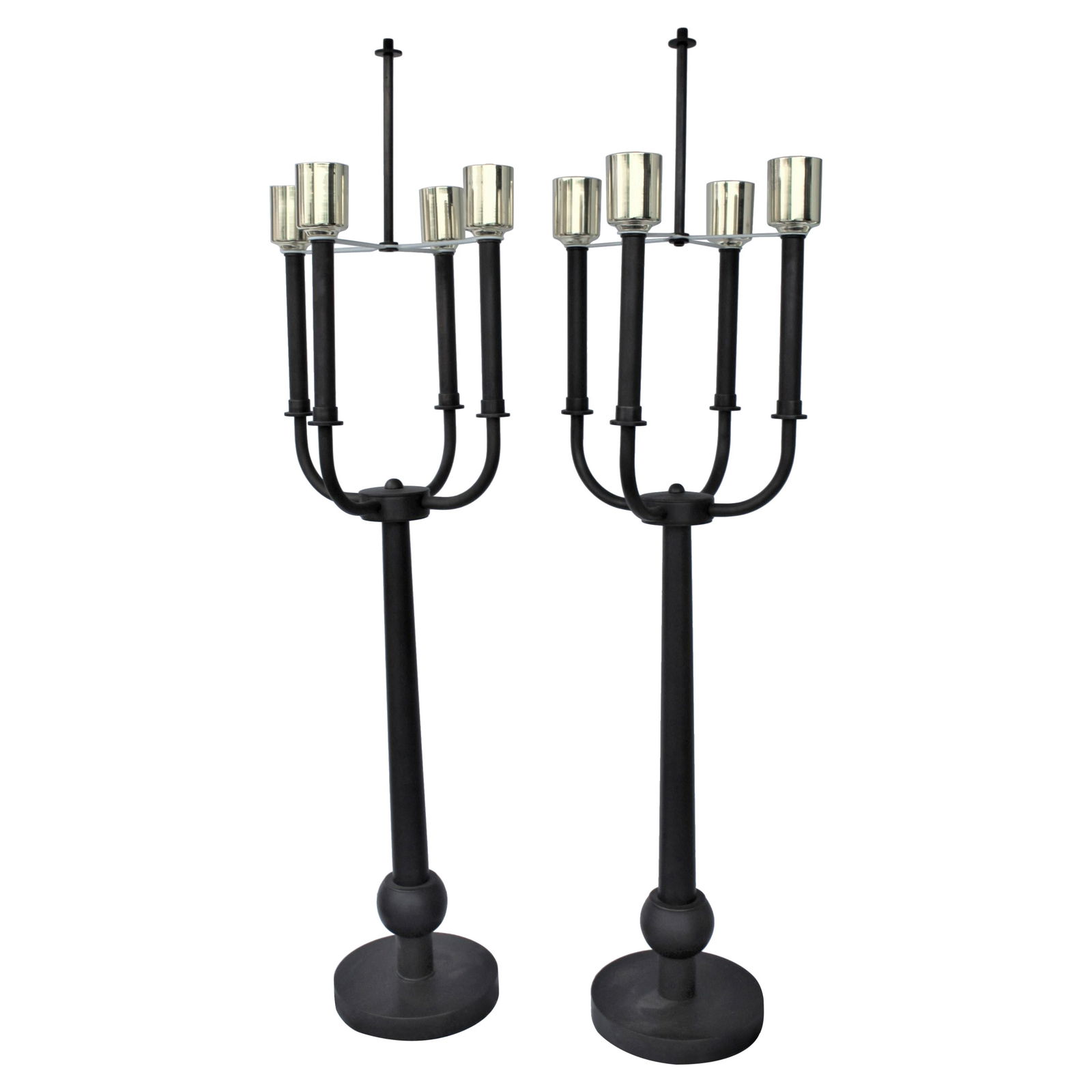 Mid-Century Modern Lamps Brass: A large pair of solid brass lamps with an antique brass patina finish in the manner of Tommy Parzinger. With a four light cluster body with Edison sockets. Custom made. Tall at 39" to shade mount. Bas