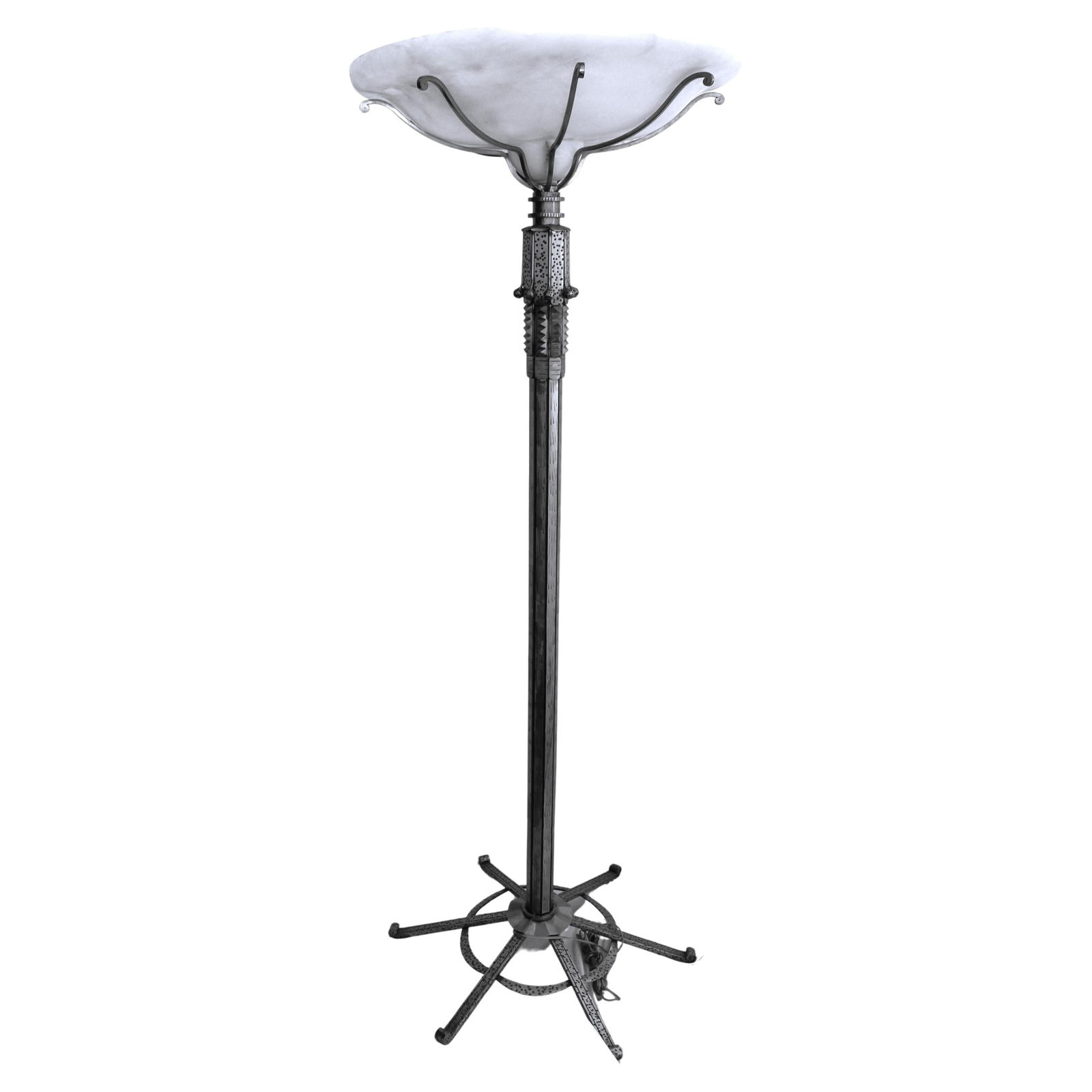 Large Art Deco Style Floor Lamp , Satin Nickel Finish: A larger size hand forged Floor Lamp possibly Paul Kiss . Has that great Art Deco Look . Has a lot of hand work in the design and all the parts . Large 25" Alabaster Shade from Spain . The metal base