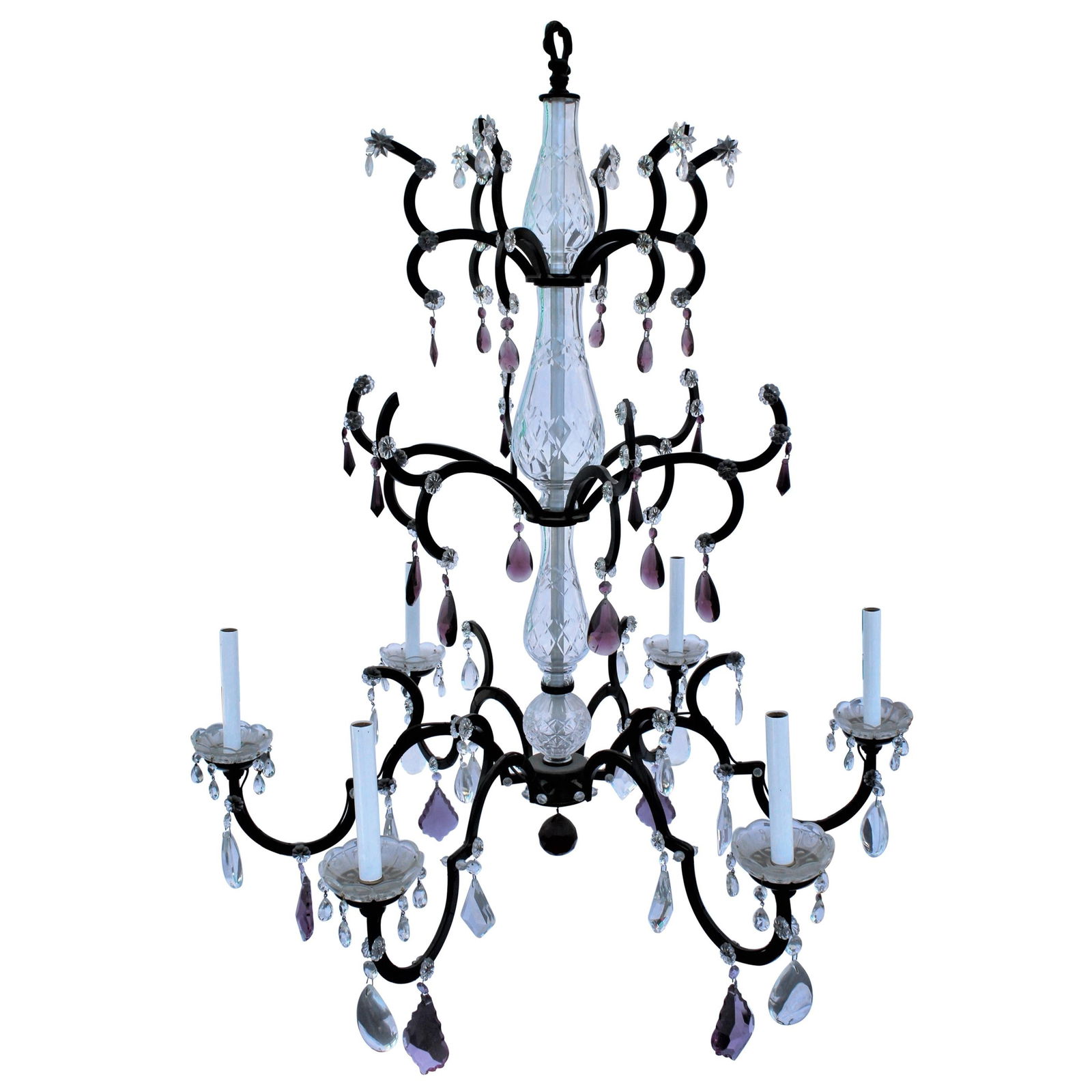 Chandelier, Iron, Crystals, Mid-Century, 3 Tiers, Crystal Glass Center bodys (1 of 20)
