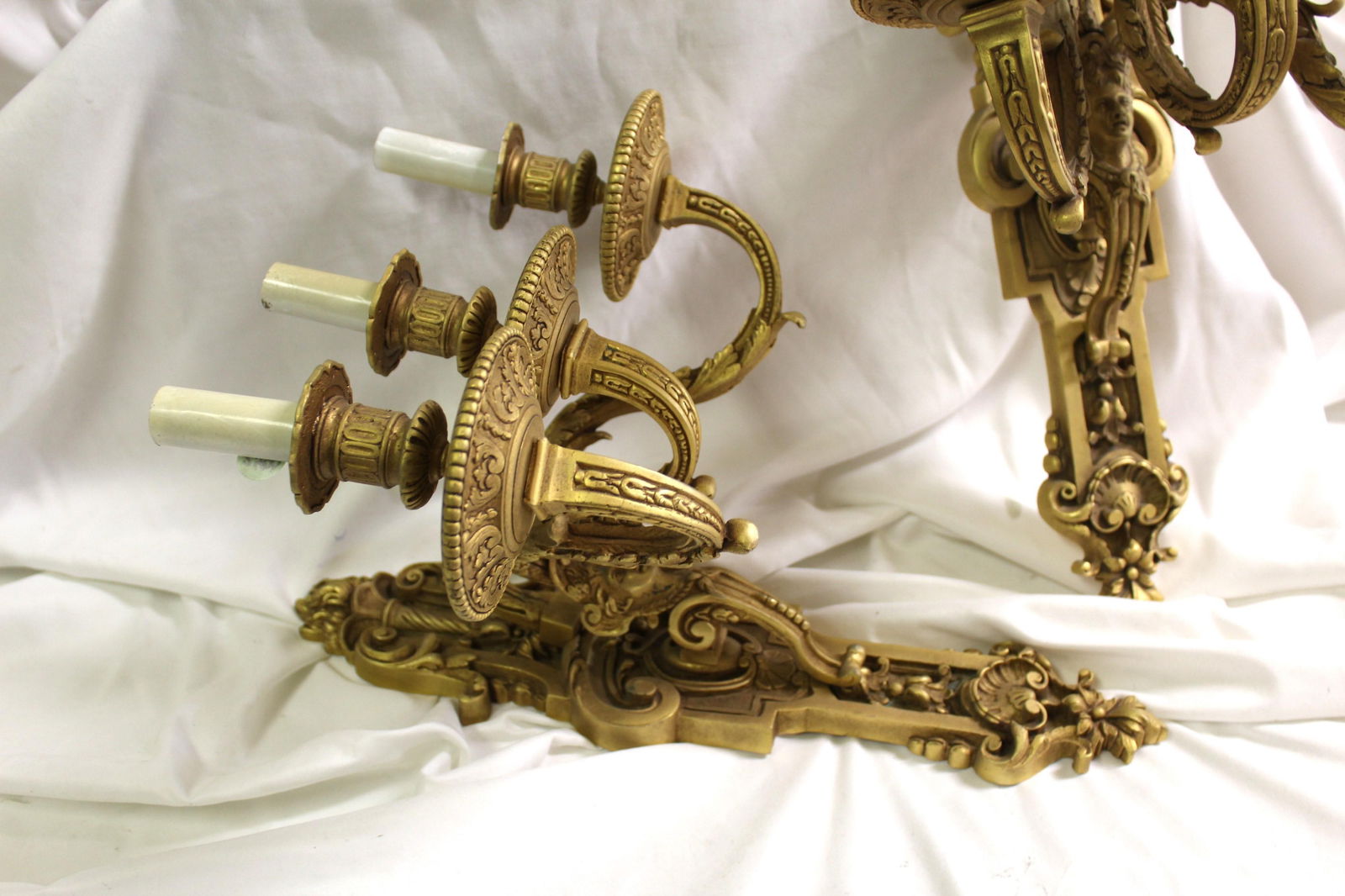 Pr French Sconces, 3 arm Gold Dore "finish , Lady Faces - 13