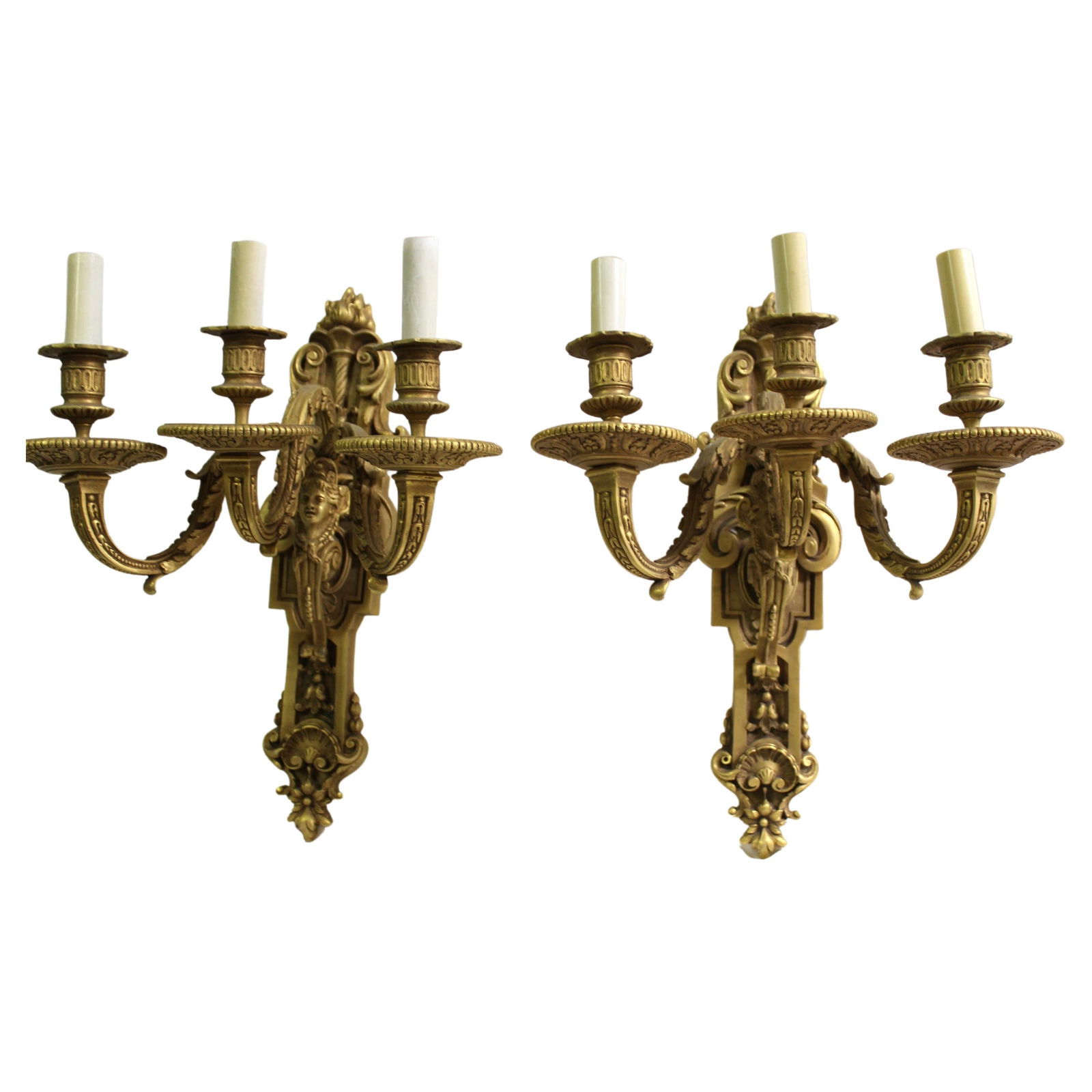 Pr French Sconces, 3 arm Gold Dore "finish , Lady Faces - 18
