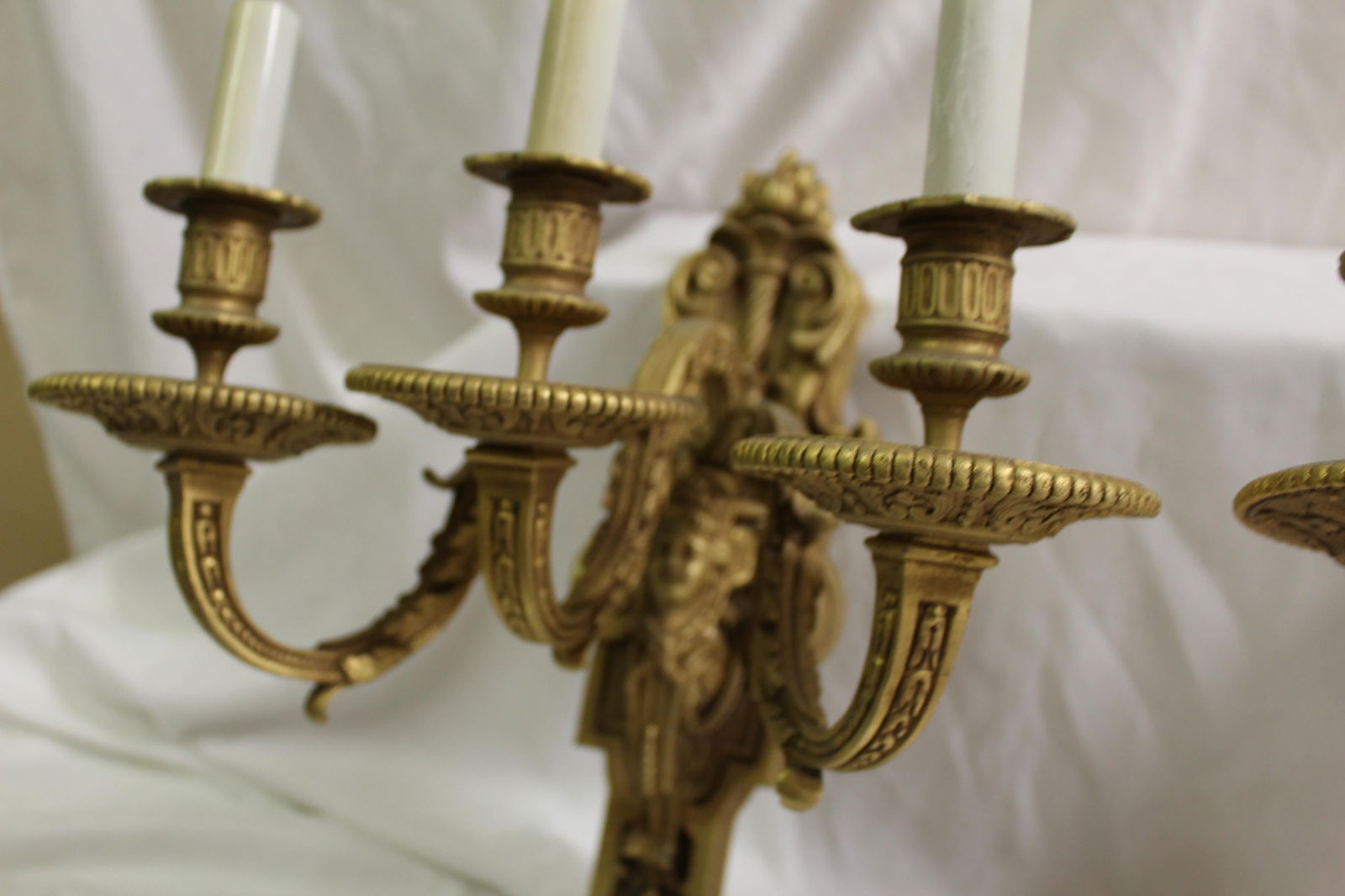 Pr French Sconces, 3 arm Gold Dore "finish , Lady Faces - 19