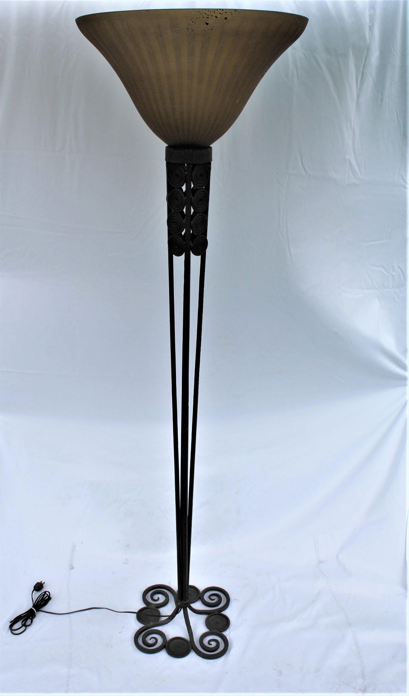 Modern/Deco Floor Lamp, Art Glass Shade, Forged Iron Base - 15