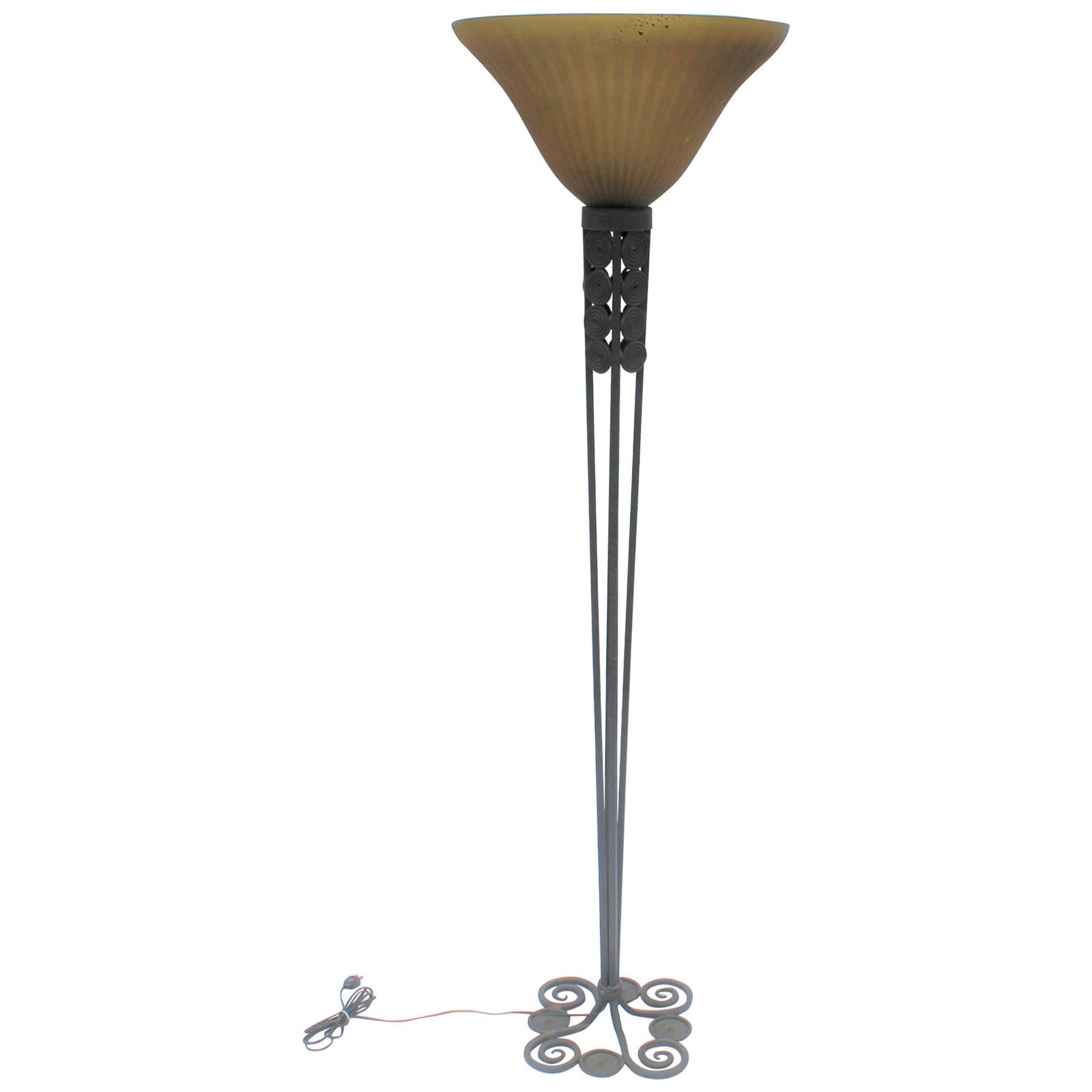 Modern/Deco Floor Lamp, Art Glass Shade, Forged Iron Base - 16
