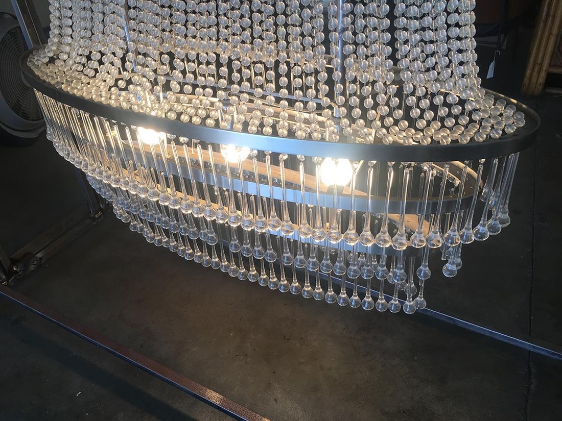 Mid-Century Modern Glass Bead and drops Chandelier, Large, Satin Nickel Frame - 10