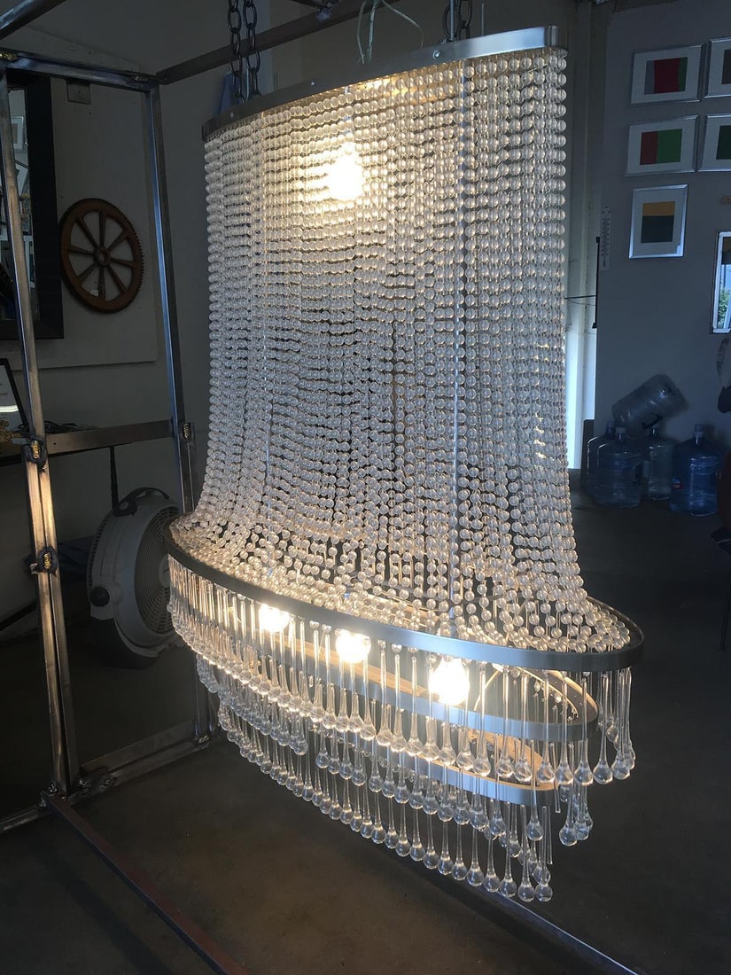 Mid-Century Modern Glass Bead and drops Chandelier, Large, Satin Nickel Frame - 13