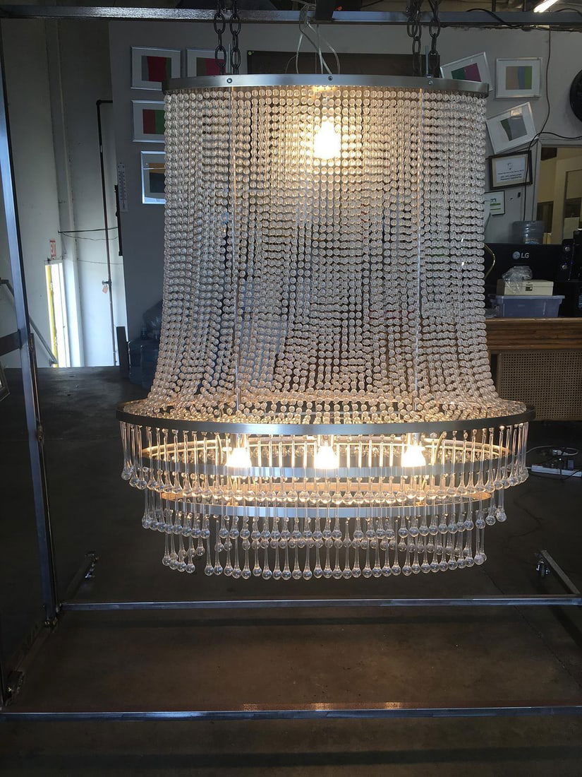 Mid-Century Modern Glass Bead and drops Chandelier, Large, Satin Nickel Frame - 16