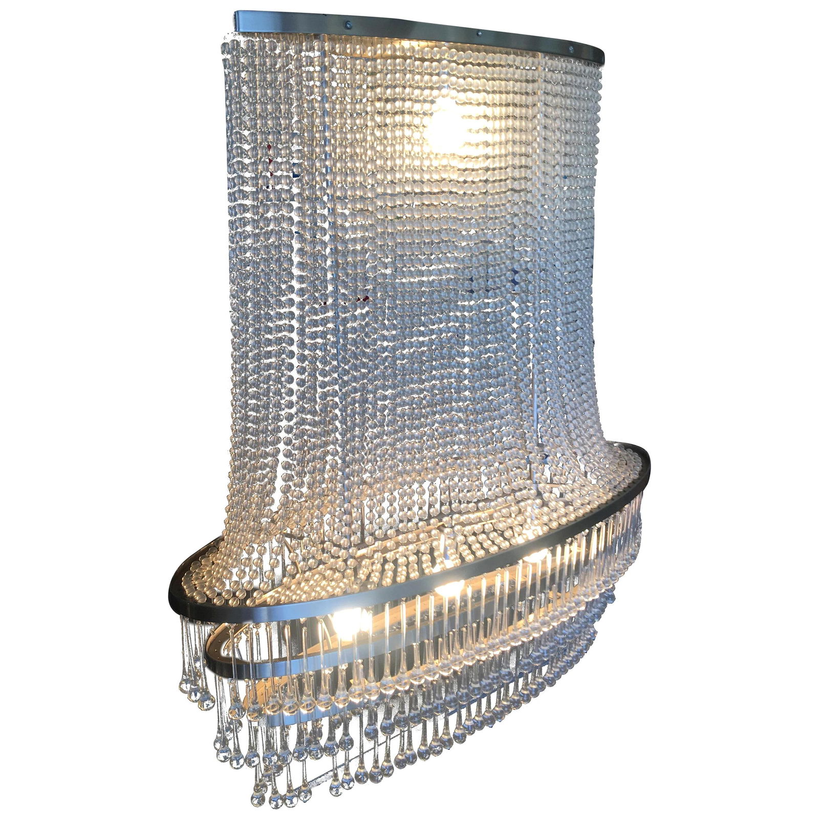 Mid-Century Modern Glass Bead and drops Chandelier, Large, Satin Nickel Frame: A custom designed modern oval chandelier like no other .One of a Kind ,never to be made again as it requires a lot of work and time and parts . All glass ball drapery and lots of 6" glass tear drops a