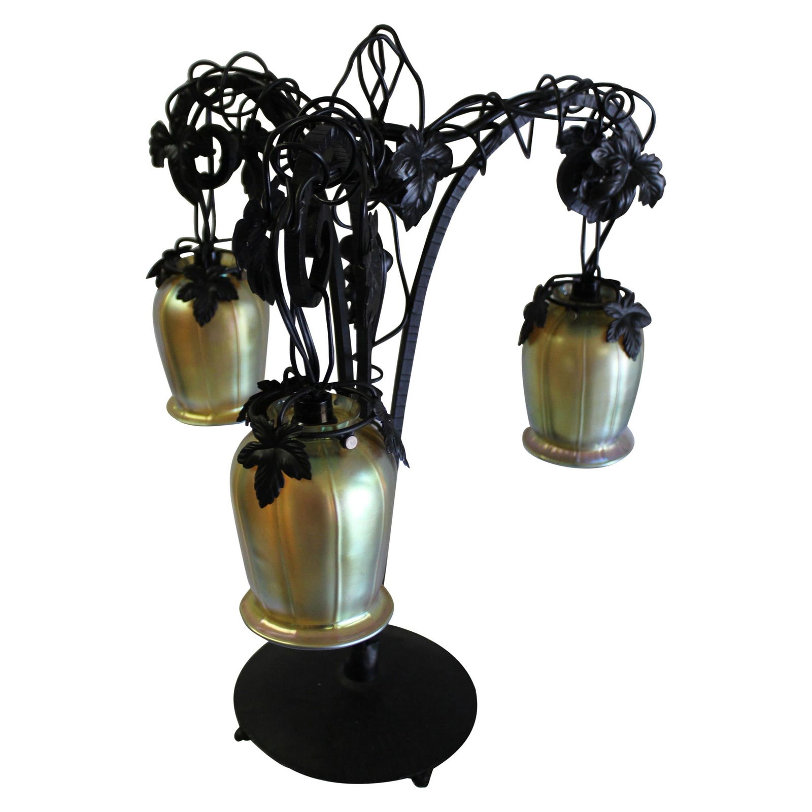 Art Deco Table Lamp, Iron with 3 Hanging Glass Shades Gold Favrile - 16