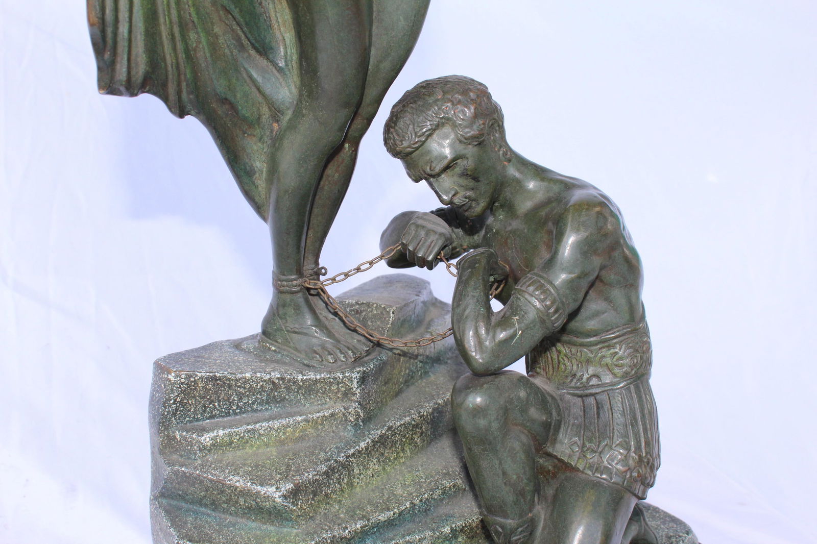 Art Deco Bronze Original Double Figurine Green Patina, French - 20