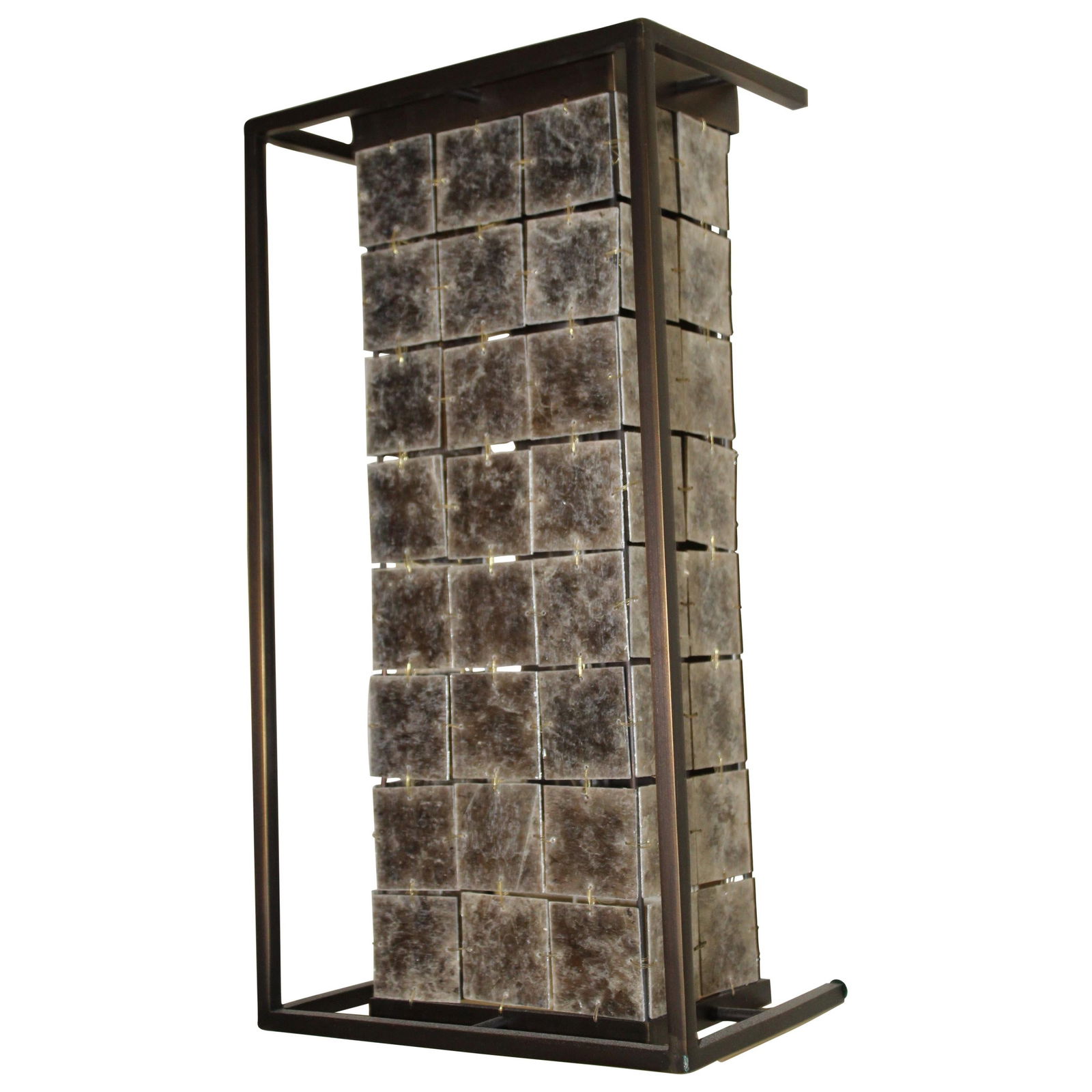 Modern Sconces Mica Shades Antique Brass Metal LA Designer: Modern designed sconces, made with solid brass frames. Silver Mica squares hand tied shades. Has a single long Edison bulb. Look great lit up. By an Los Angeles designer. 17" in height and 9" wide. Wi