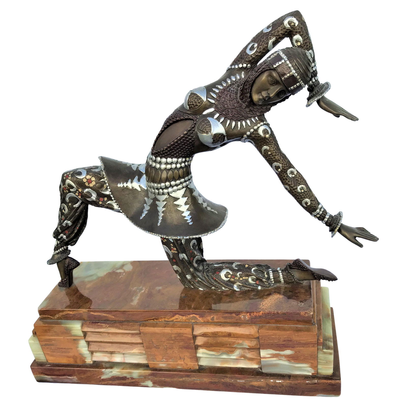 Art Deco/Modern Dancer in Dance Pose Title; Karmorna after Chiparus: A deco dancer dressed in a detailed dress in a pose on one knee. Fine detailed quality bronze casting with Cold painted details on her costume. The title listed is ( Karmorna ) by the well known