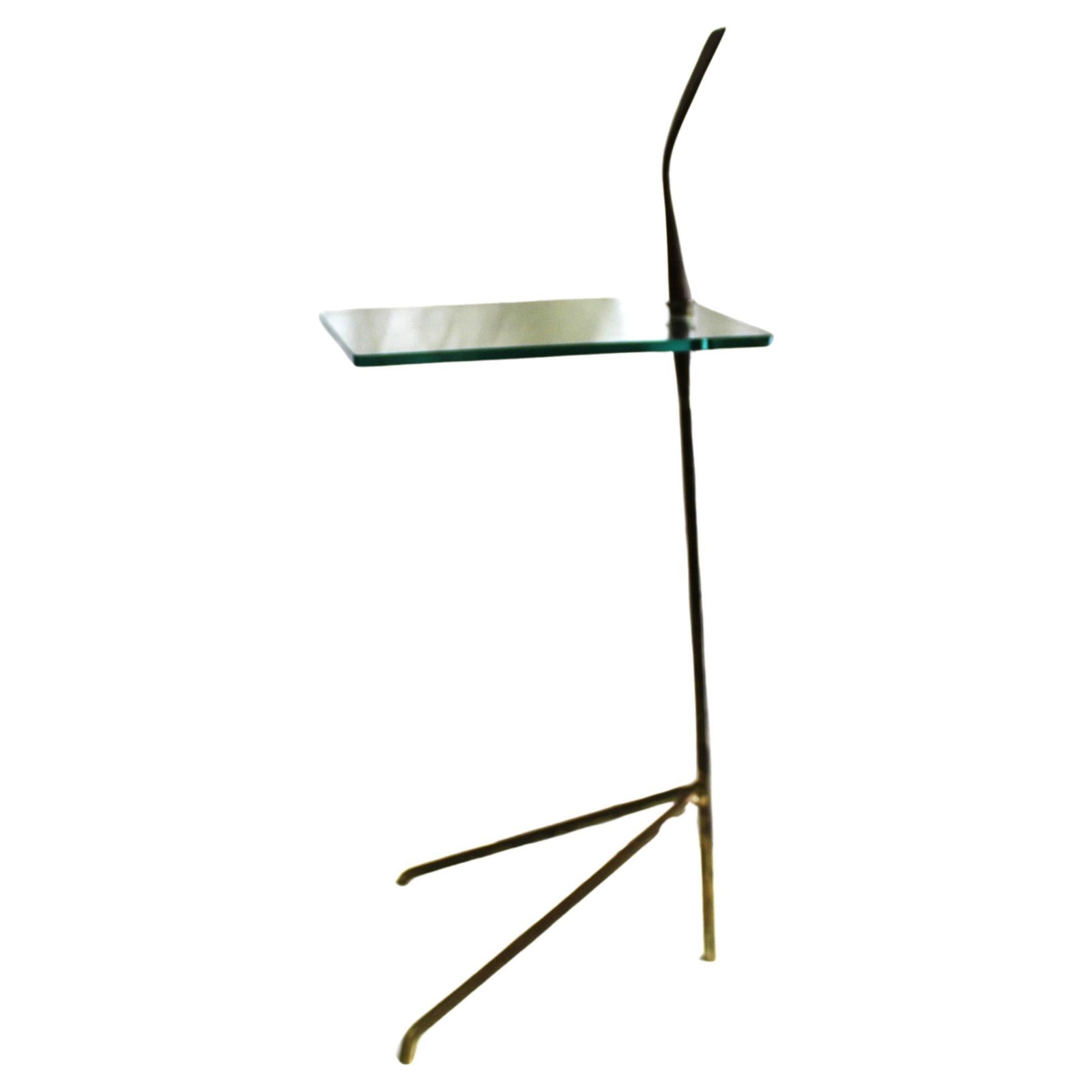 Mid-Century Modern Brass , Glass side Table: A Custom made Modern/Deco solid brass side table . Has a glass top that is 12" by 9" . And with a splade handle at the top . All metal finished with an Antique Brass patina finish . This is one of the