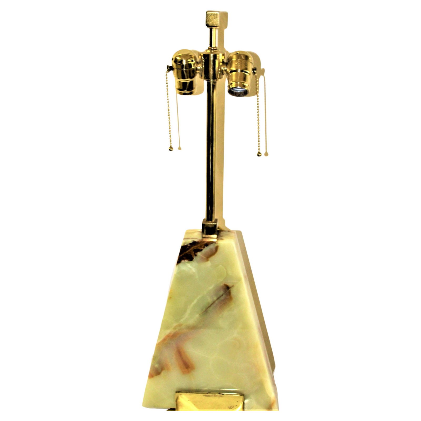 Modern Onyx & Brass Lamp: A Custom designed Lamp by a designer in LA. And Custom made for the showroom. It's a one of a Kind, never went into production. Solid block of Green Onyx drilled for a lamp. All the hardware is solid