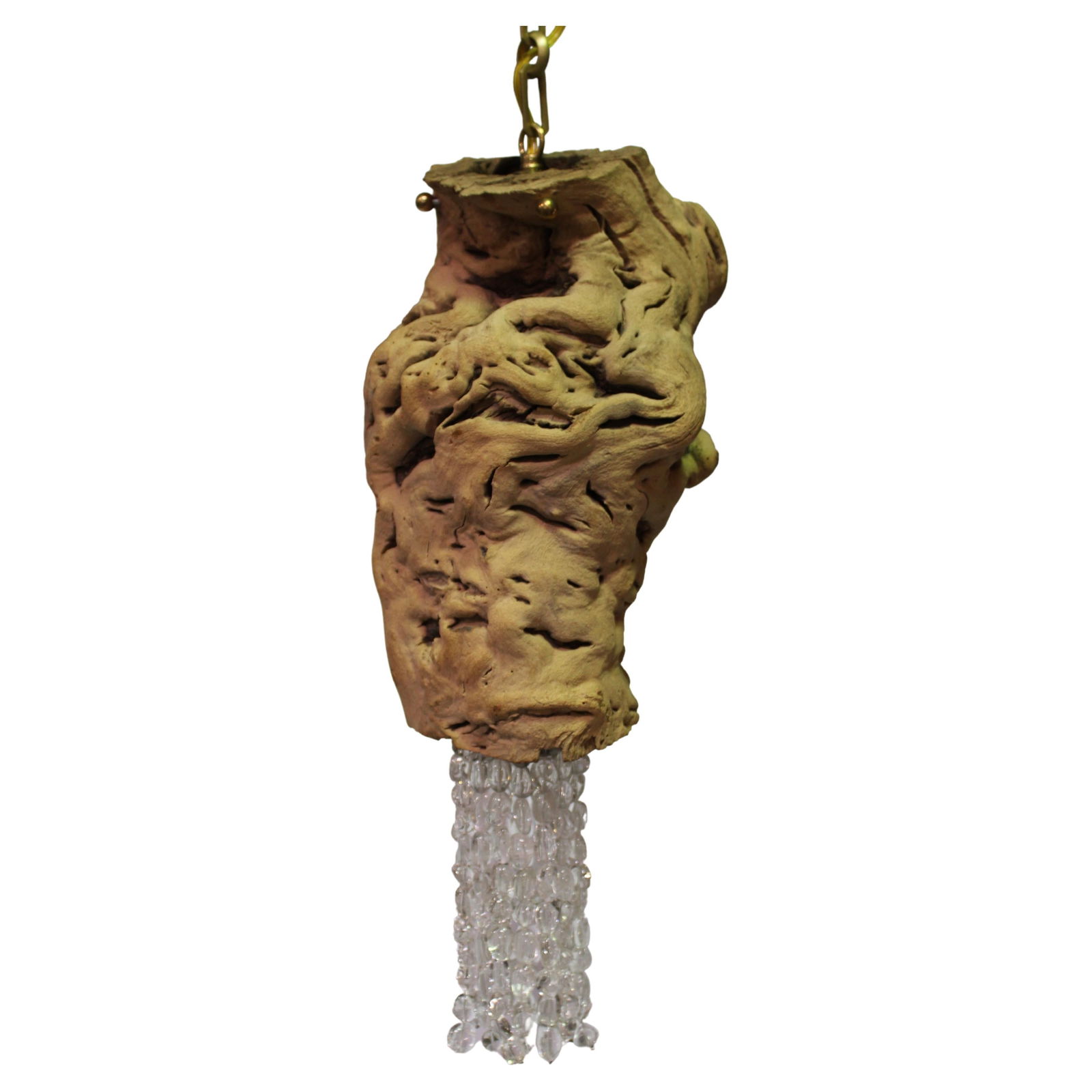 Organic Grape Vine and Rock Crystal Pendant: Custom designed by an Artist in Los Angeles. Custom made for her. Looks real great when lit up. Hi-polished Rock Crystal beads and all brass hardware. The main body is from the base of a Grape Vine
