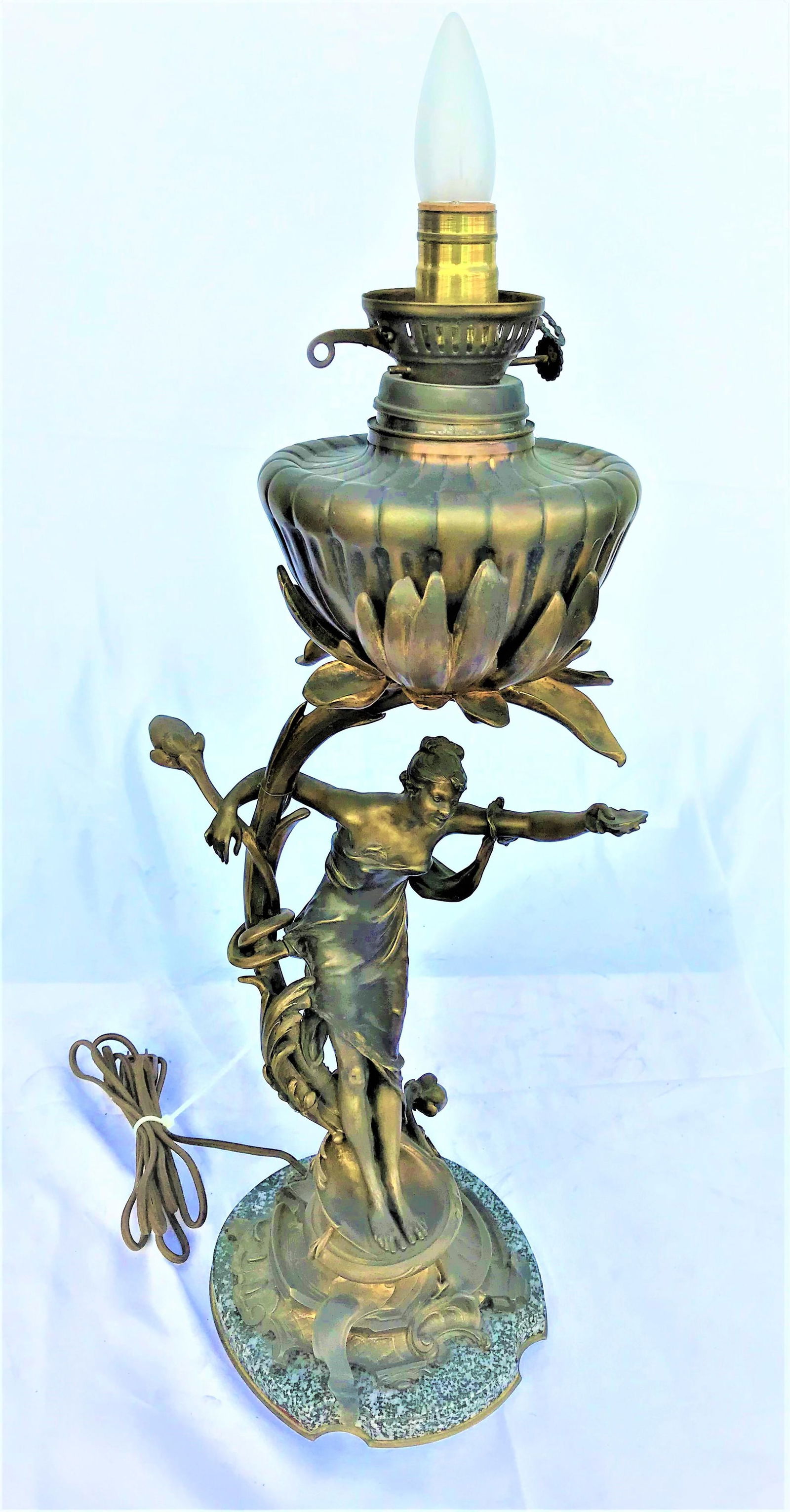 Antique Art Nouveau Lady Lamp, Bronze - 17