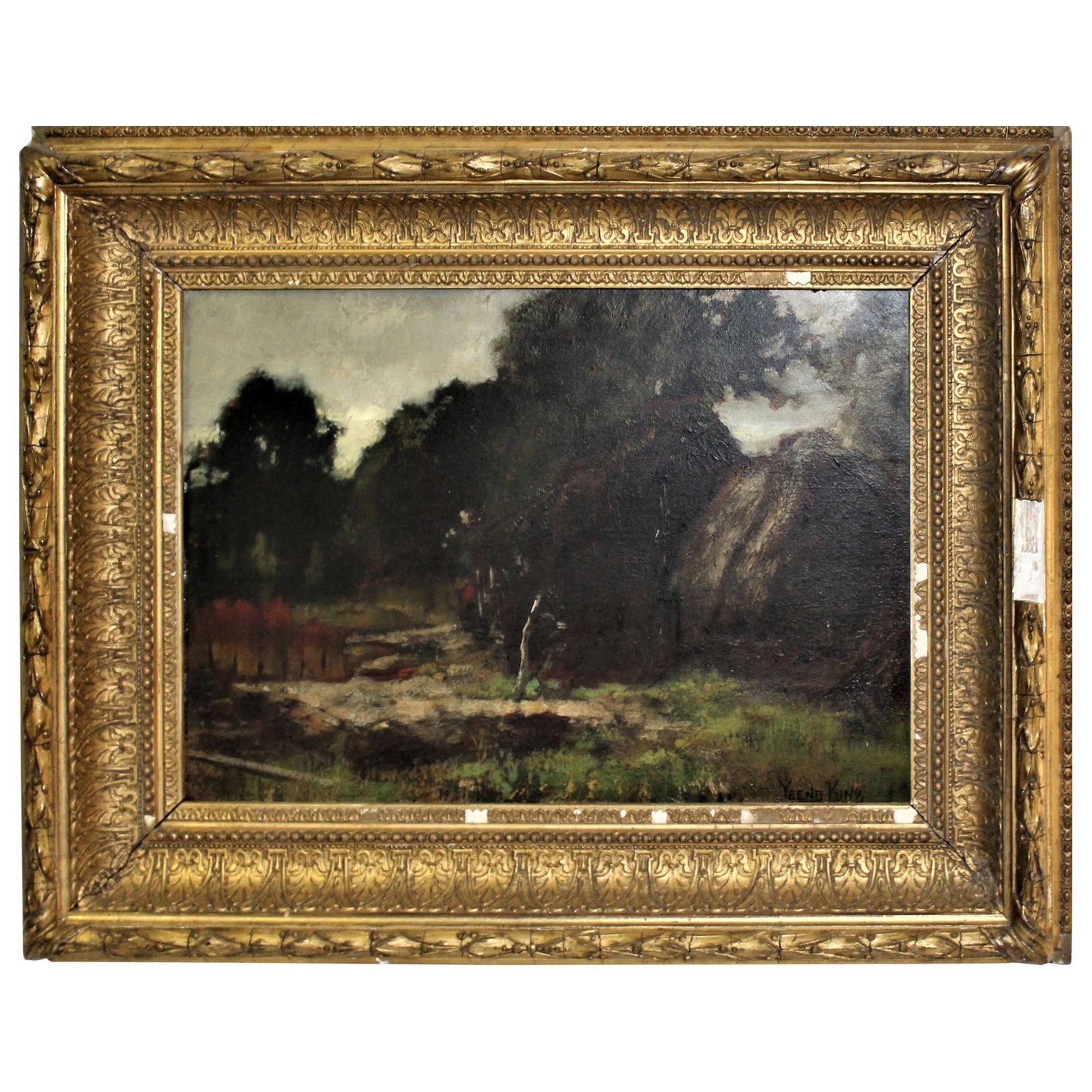 Antique English Oil Painting, Country Scene by Yeend King: A good quality oil painting of a Country scene of a Hay Stack by a well known Artist (Yeend King). It is signed by him, but not dated. Purchased in London, 1988. See reverse photo of the Gallery
