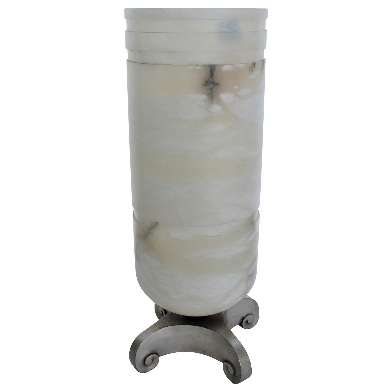 Art Deco/Modern Alabaster Up Light: Art Deco style contemporary up light. Alabaster shade made after the design of Ruhlmann. Cast bronze base with antique silver patina. Single Edison socket. Large item at 27" in height and 10 "
