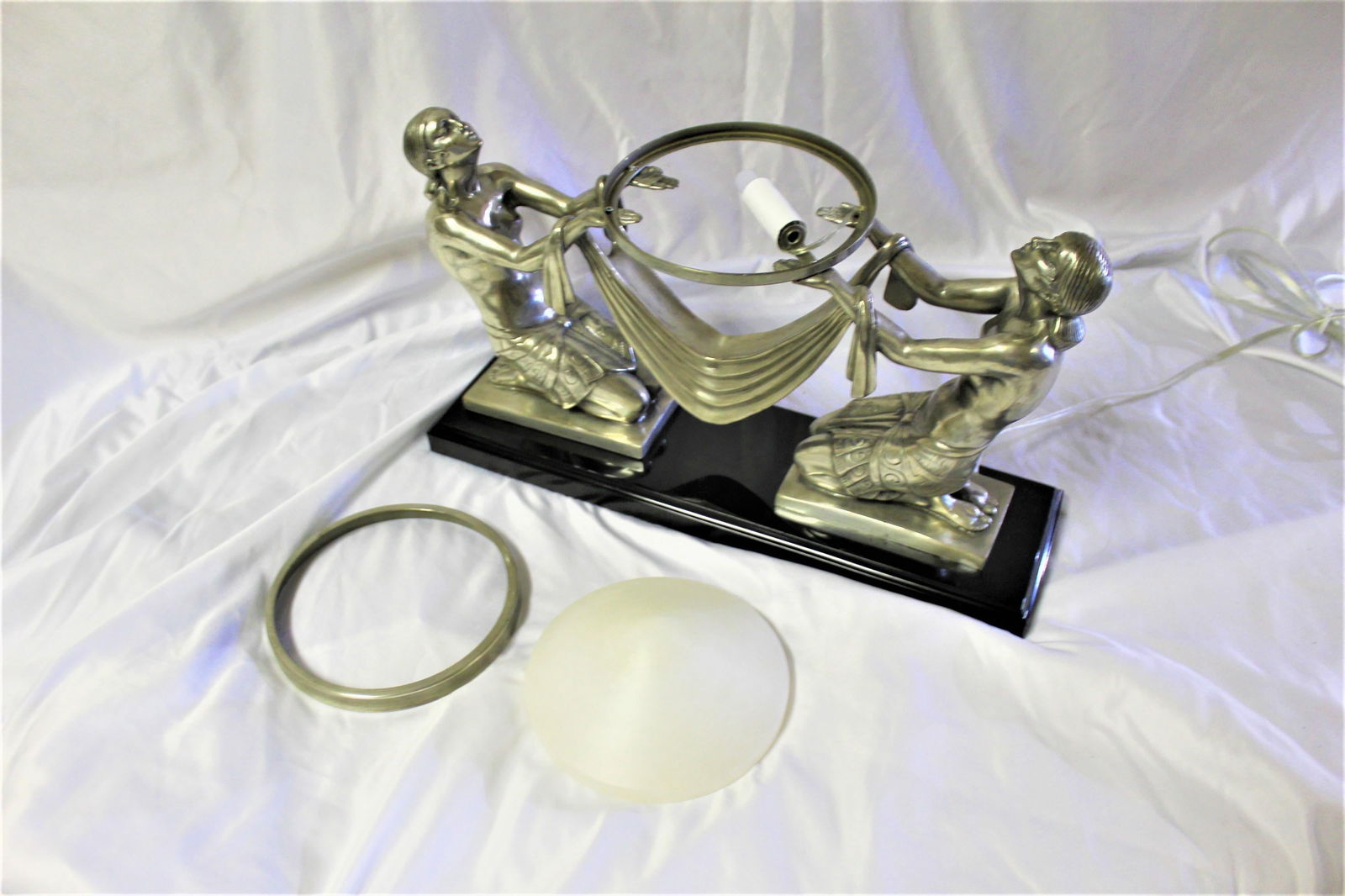 Art Deco Lady Lamp, Silvered Bronze, Alabaster Shade - 10