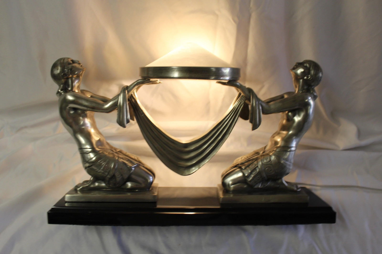Art Deco Lady Lamp, Silvered Bronze, Alabaster Shade - 13