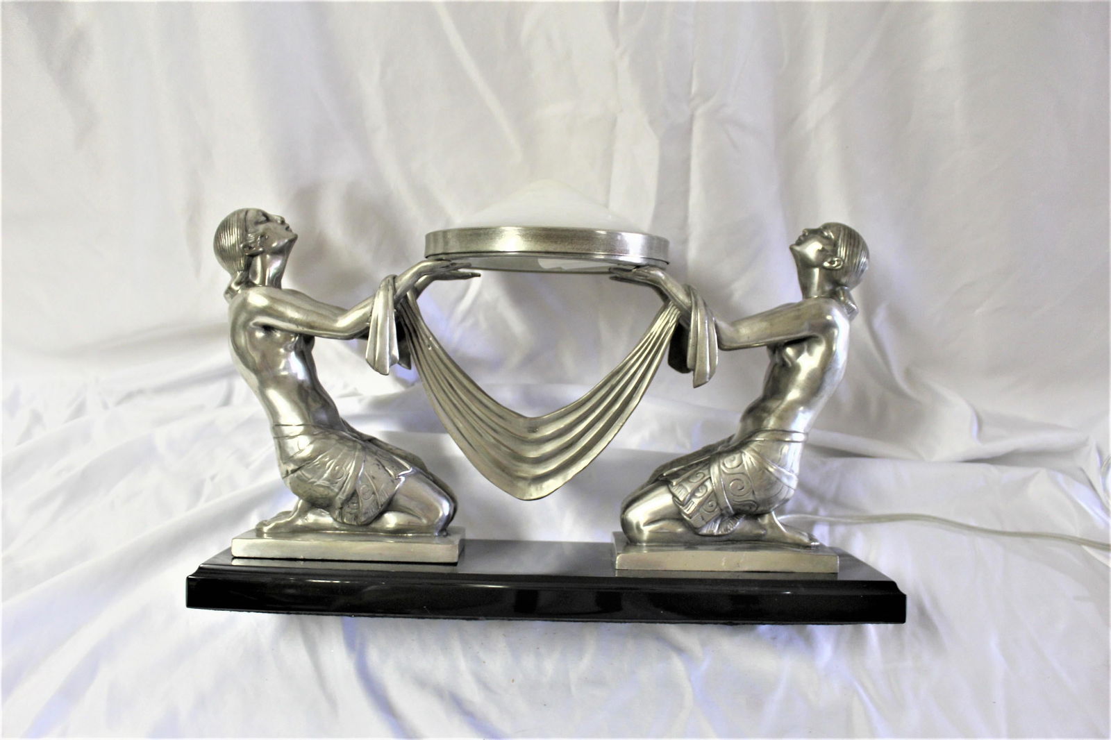 Art Deco Lady Lamp, Silvered Bronze, Alabaster Shade - 18