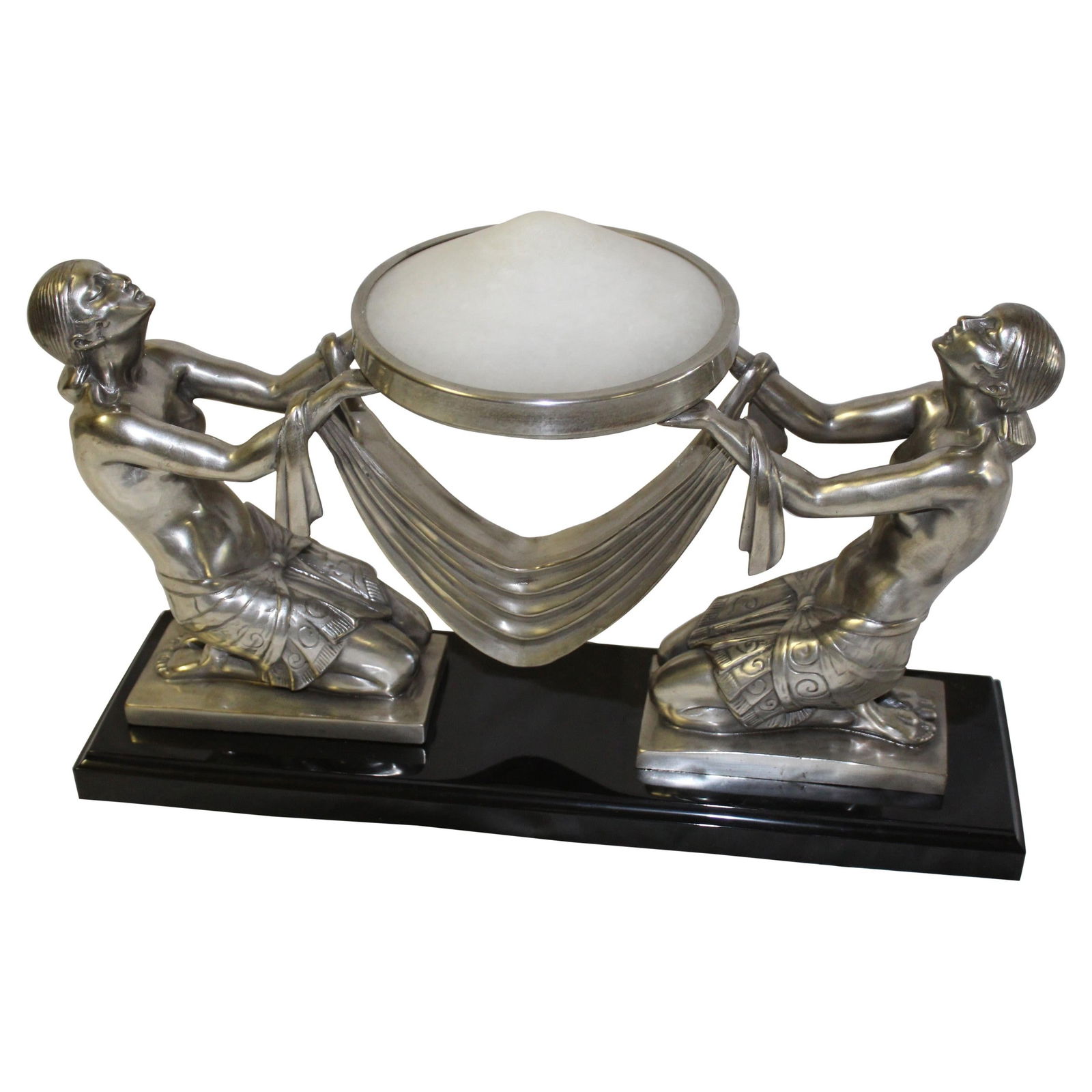 Art Deco Lady Lamp, Silvered Bronze, Alabaster Shade - 7