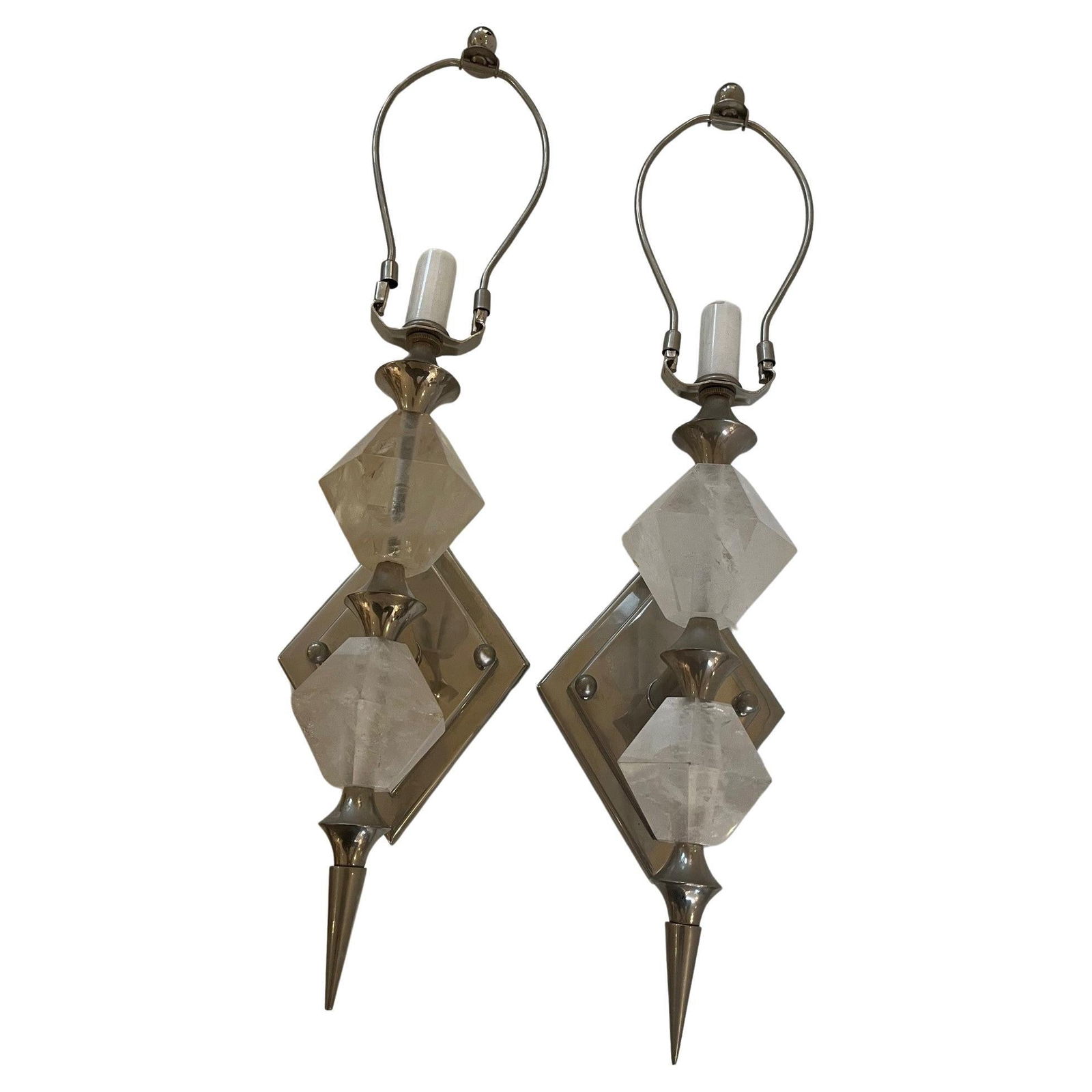 Pair of Art Deco Modern Rock Crystal Sconces: Pair of Art Deco Modern Rock Crystal Sconces Designed by Interior Designer in Los Angeles, Custom Made in Diamond Shape Design with a Double Diamond back Plate in Hi Polished Nickle Finish, Rock Cryst