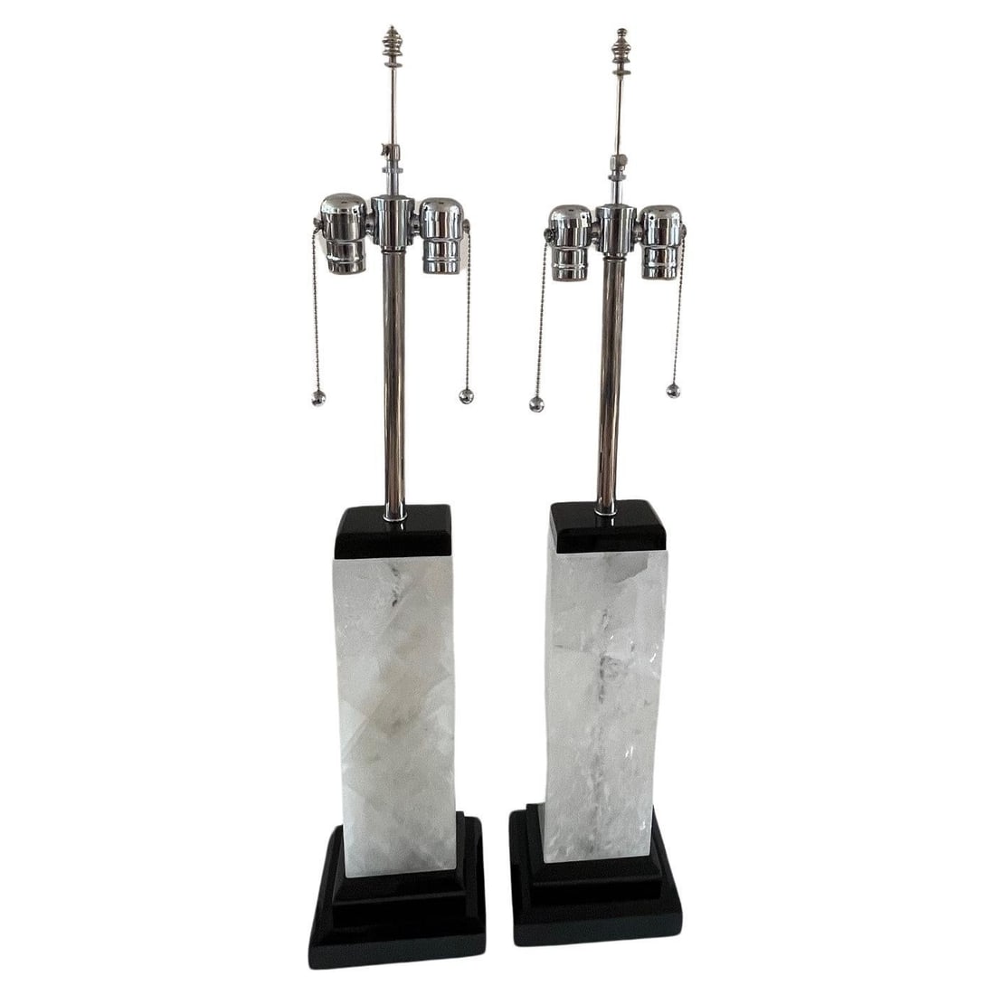 Pair of Art Deco Modern Rock Crystal, Double Sockets, Table Lamps: Pair of Art Deco Modern Style Solid Rock Crystal Blocks, Table Lamps, Casting Bronze with a Hi Polished Nickel finish, Deluxe Double Socket with Pull Chains Dimensions: 7" x 5.5" Base 4 1/4" X 2 3/4"
