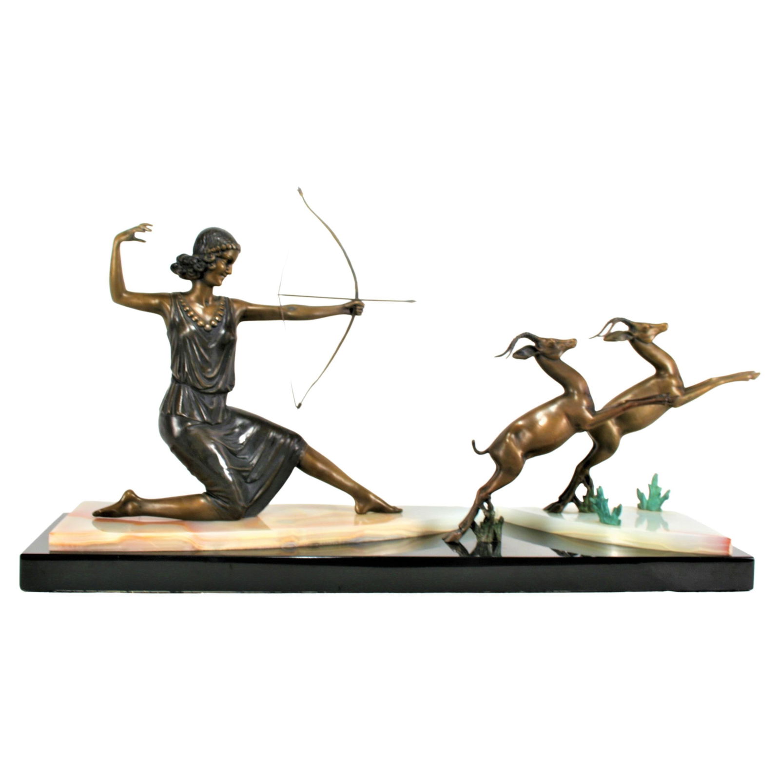 Art Deco /Modern Bronze Sculpture Dianna: Large sculpture in bronze, contemporary of( Dianna the Huntress). Multi-colored patina finish mounted on deluxe Onyx and Black marble. Depicting Dianna the huntress hunting with two gazelles jumping.