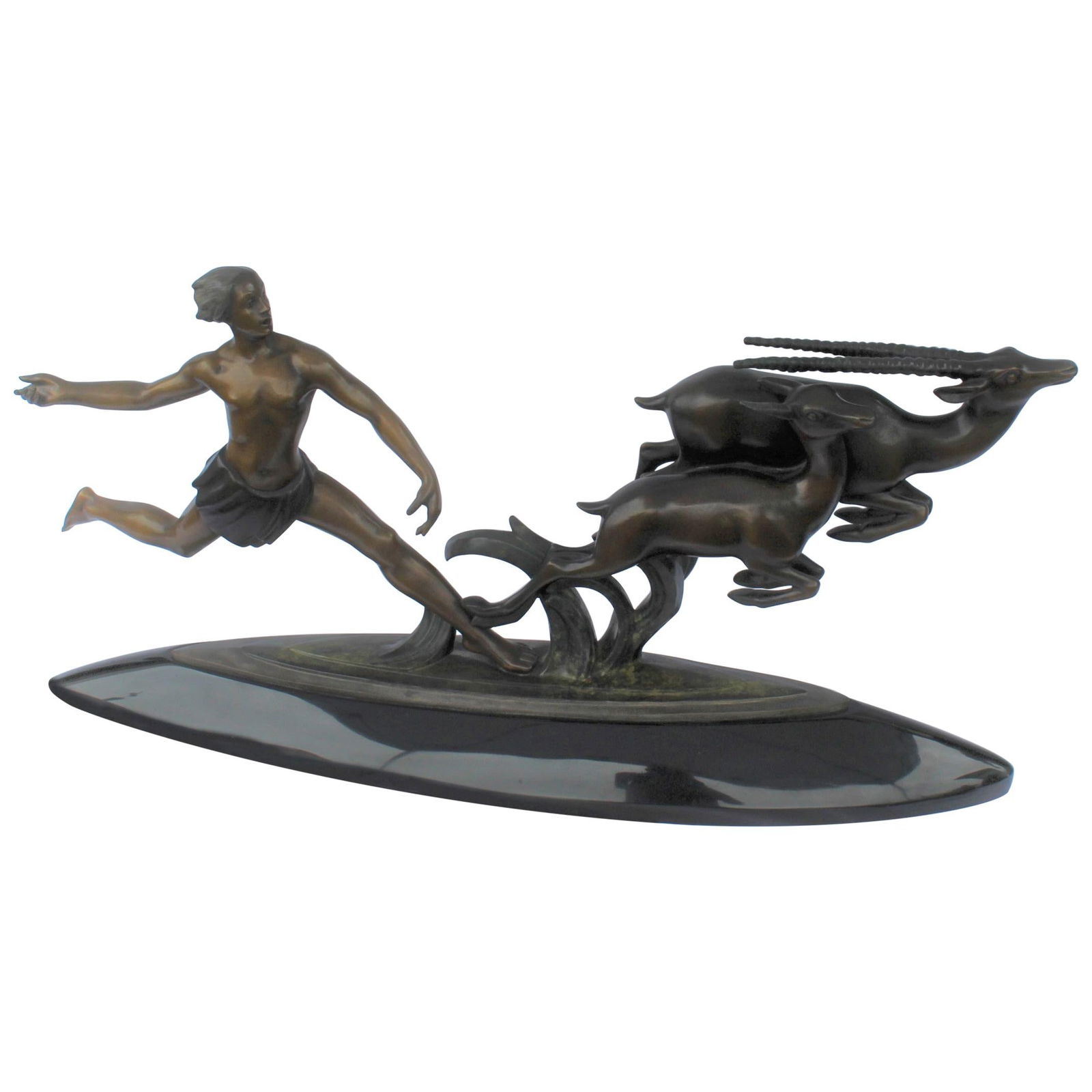 Art Deco, Bronze , (Amazon Hunter) , Large, , Black Marble, After Ketley heavy: A great super action sculpture of a male hunter after two gazelles. Has a signature on the base of Ketley. A great big piece of absolute marble base. From a private collector of Art Deco Sculpturers.