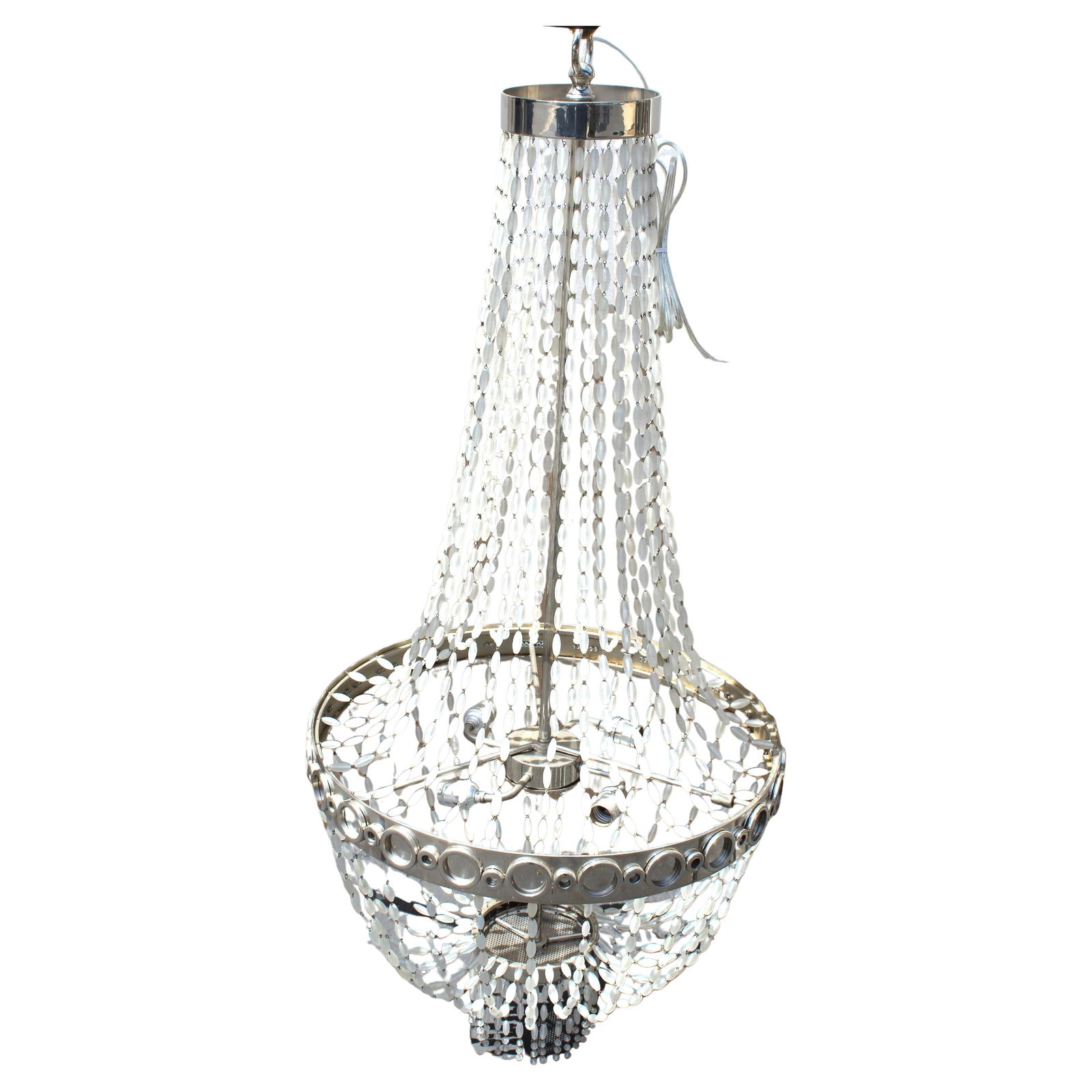 Mid Century Modern/deco Chandelier , Frosted Glass beads , Nickel: Custom designed by a popular designer in Los Angeles . Custom manufactured in a drapery design of Frosted Glass beads . Hand strung on the 24" dia metal frame plated in Hi polished Nickel . A design o