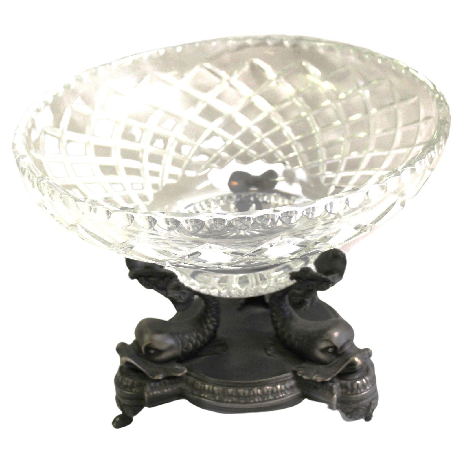 Mid Century Modern, Bronze Tripple Dolphin Crystal bowl . (1 of 20)