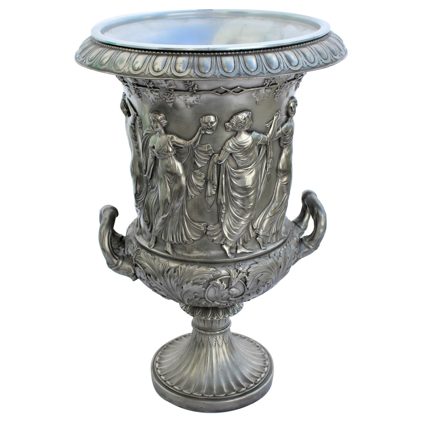 Silvered Champagne Bucket, Bronze, Medici Urn Greek Gods dancing Maidens: Large size cast Bronze with high detailing Champagne bucket with Greek gods of wine and fertility on the sides. High polished lost wax bronze casting with antique silver patina. Has Internal aluminum