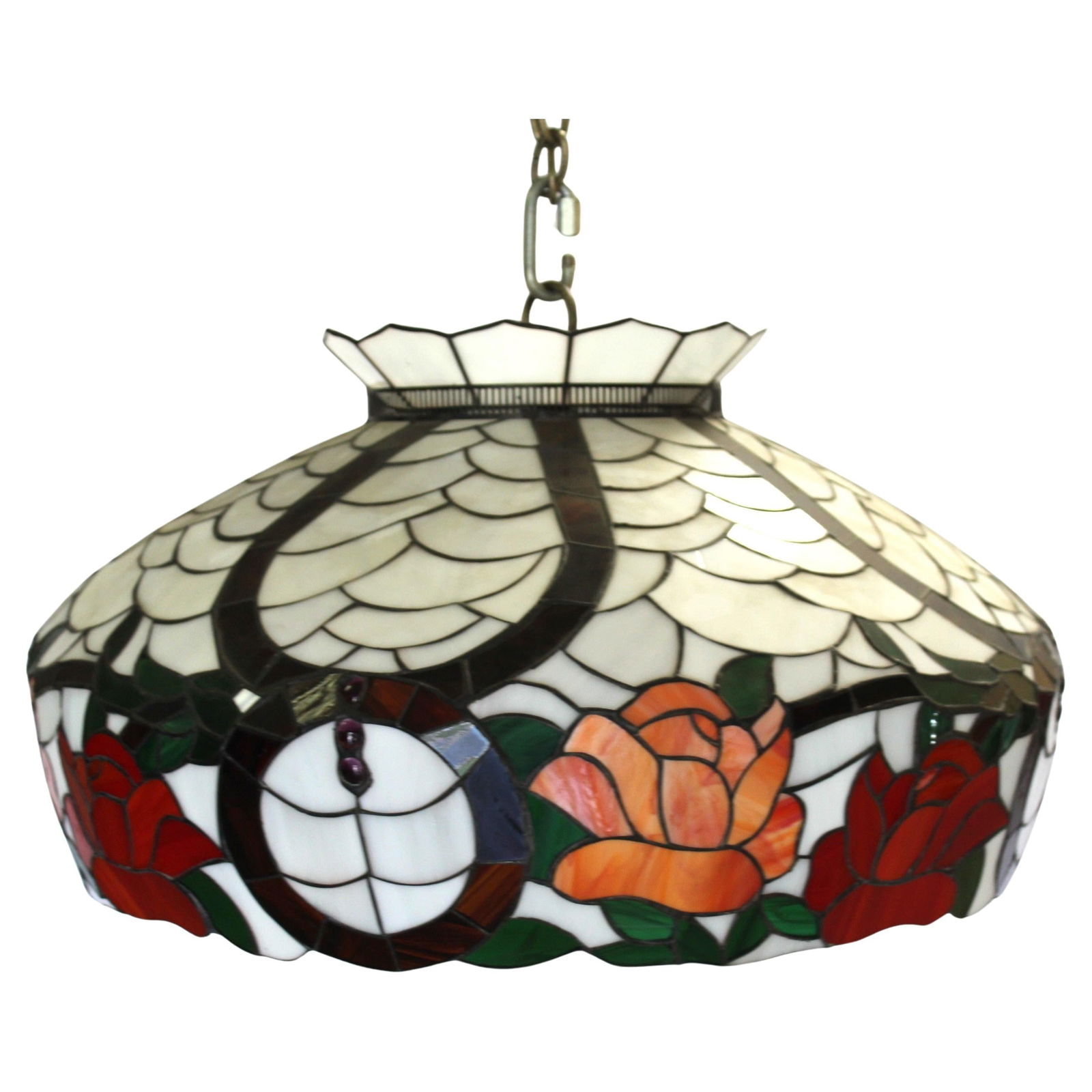 Mid-Century Modern /Tiffany type Chandelier Shade Only, Large w Flowers: A very popular Flower design used by several Art Glass Shade makers in a Rose Flower design with root beer color banding surrounding the shade . Custom made in Los Angeles for a popular Lighting Showr