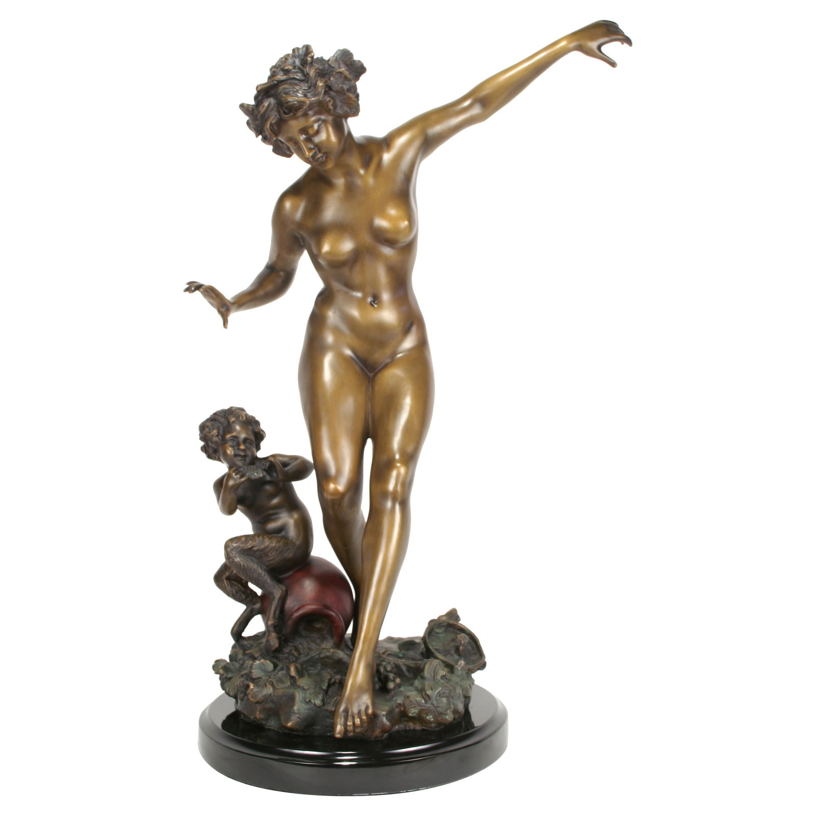 Art Deco/Nouveau Nude Sculpture Bronze with Pixy: Good size sculpture with fine details cast in Bronze with multi- patina finish contemporary casting mounted on an absolute Black marble base. Shows a signature on the bottom casting. This item is