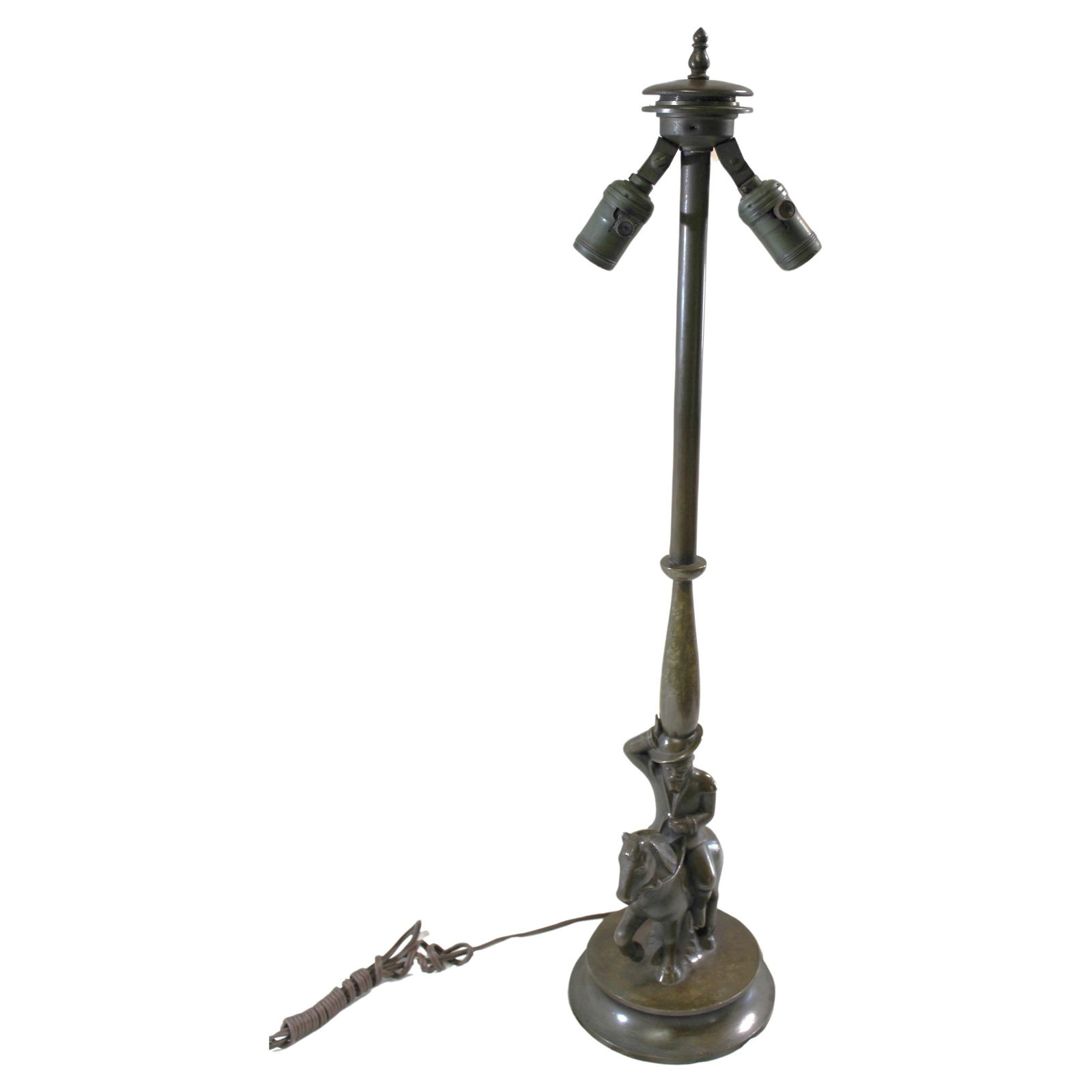 Antique Lamp Base , Bronze , Nouveau or Deco: A fine early cast bronze of what looks like ( Don Quixote ) on a Donkey . The base has all original hardware ,double adjustable sockets and the shade cap . Has good wiring and looks like an old style
