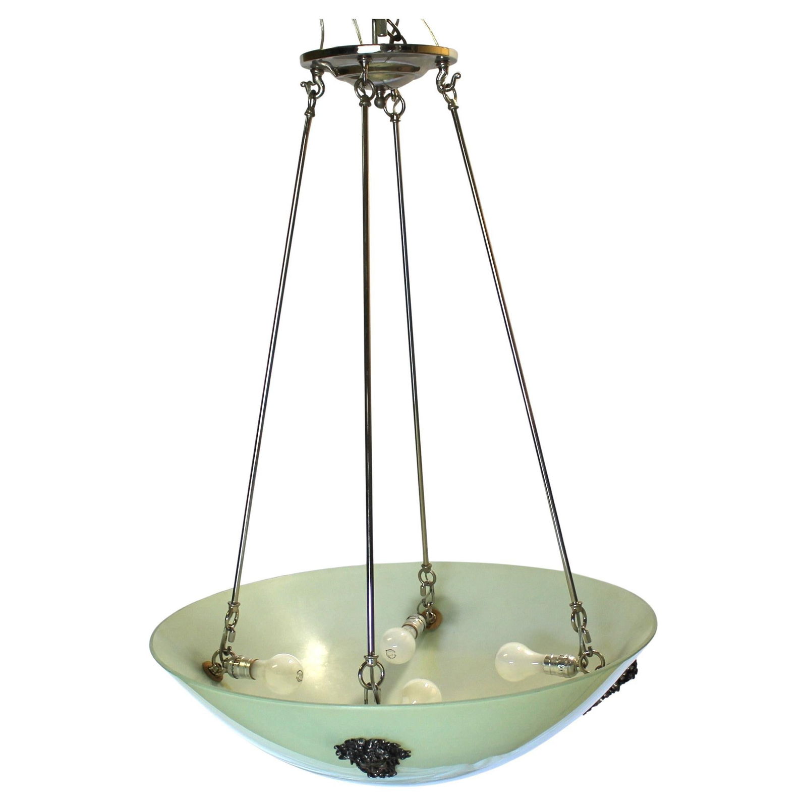 Mid-Century Modern /Deco Style All Glass Chandelier , Bronze Appliques: A Large size of Glass shade designed with four cast Bronze man's faces applied . The hardware is finished in Hi-polished Nickel . Custom made for a Lighting Showroom in Los Angeles and was the