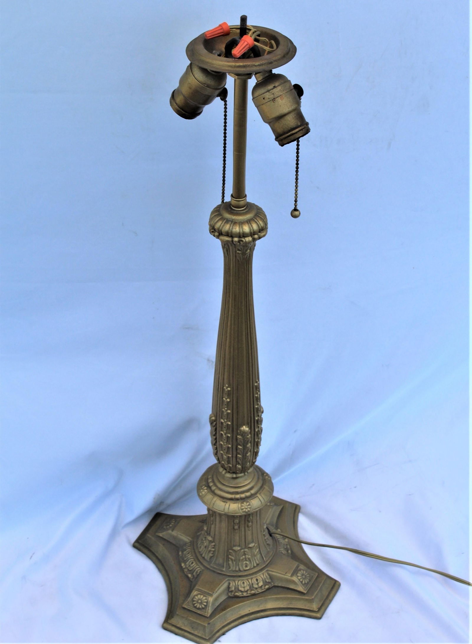 Early American Art Glass Foil Shade Lamp, Blue with Red Flowers Antique Base - 12