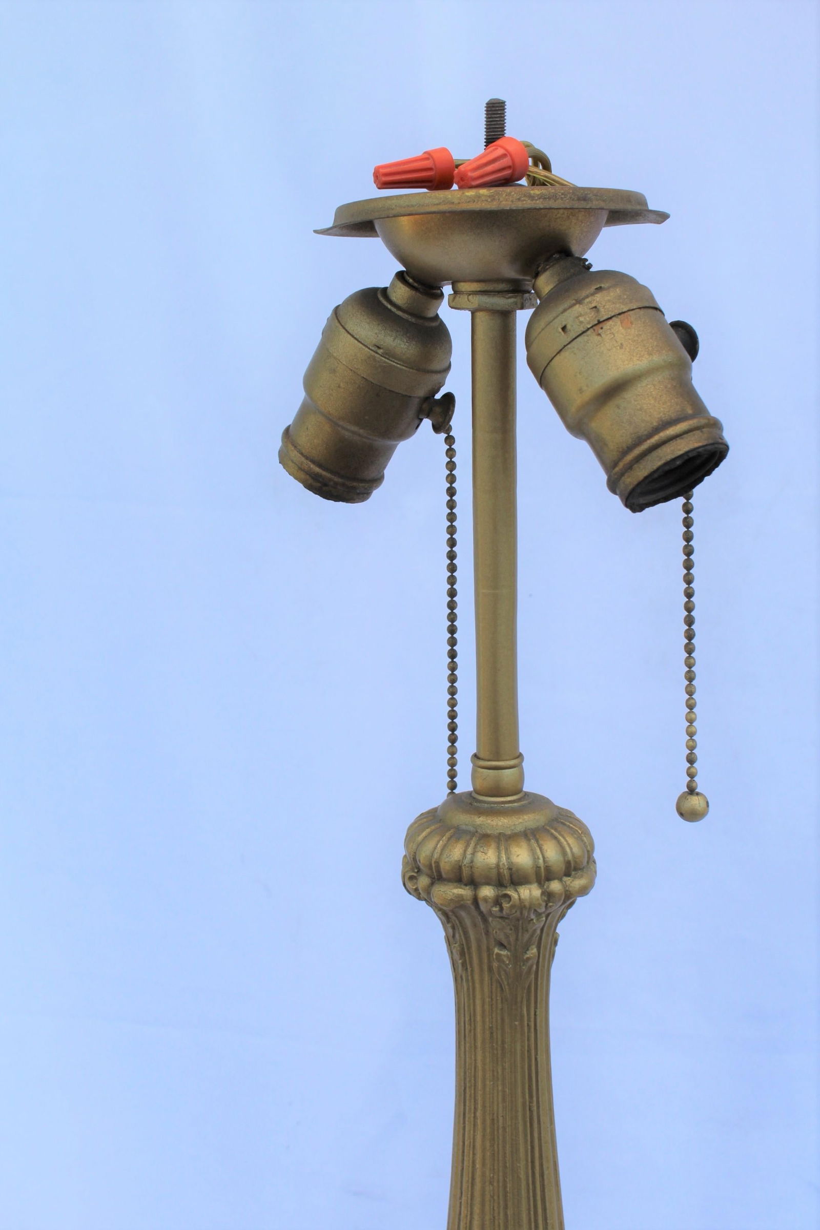 Early American Art Glass Foil Shade Lamp, Blue with Red Flowers Antique Base - 13