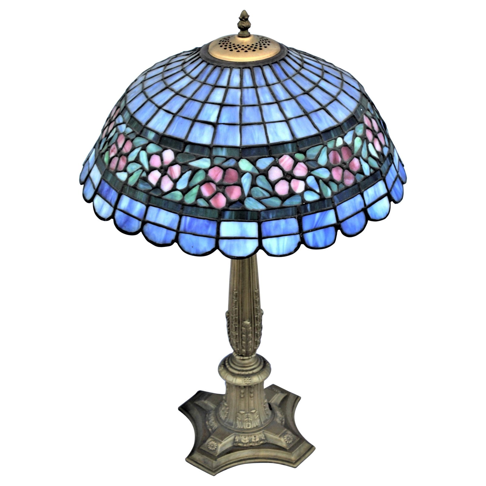 Early American Art Glass Foil Shade Lamp, Blue with Red Flowers Antique Base - 18