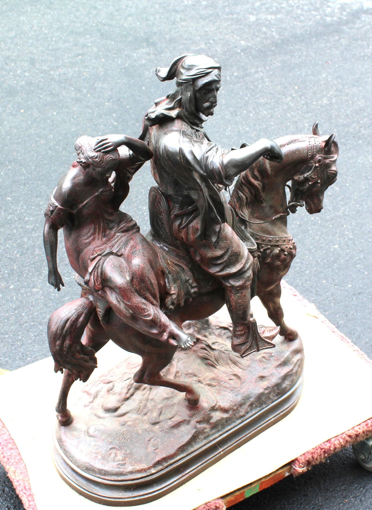 Original Sculpture , Double figure of a Arab on horseback & young girl Signed By - 12