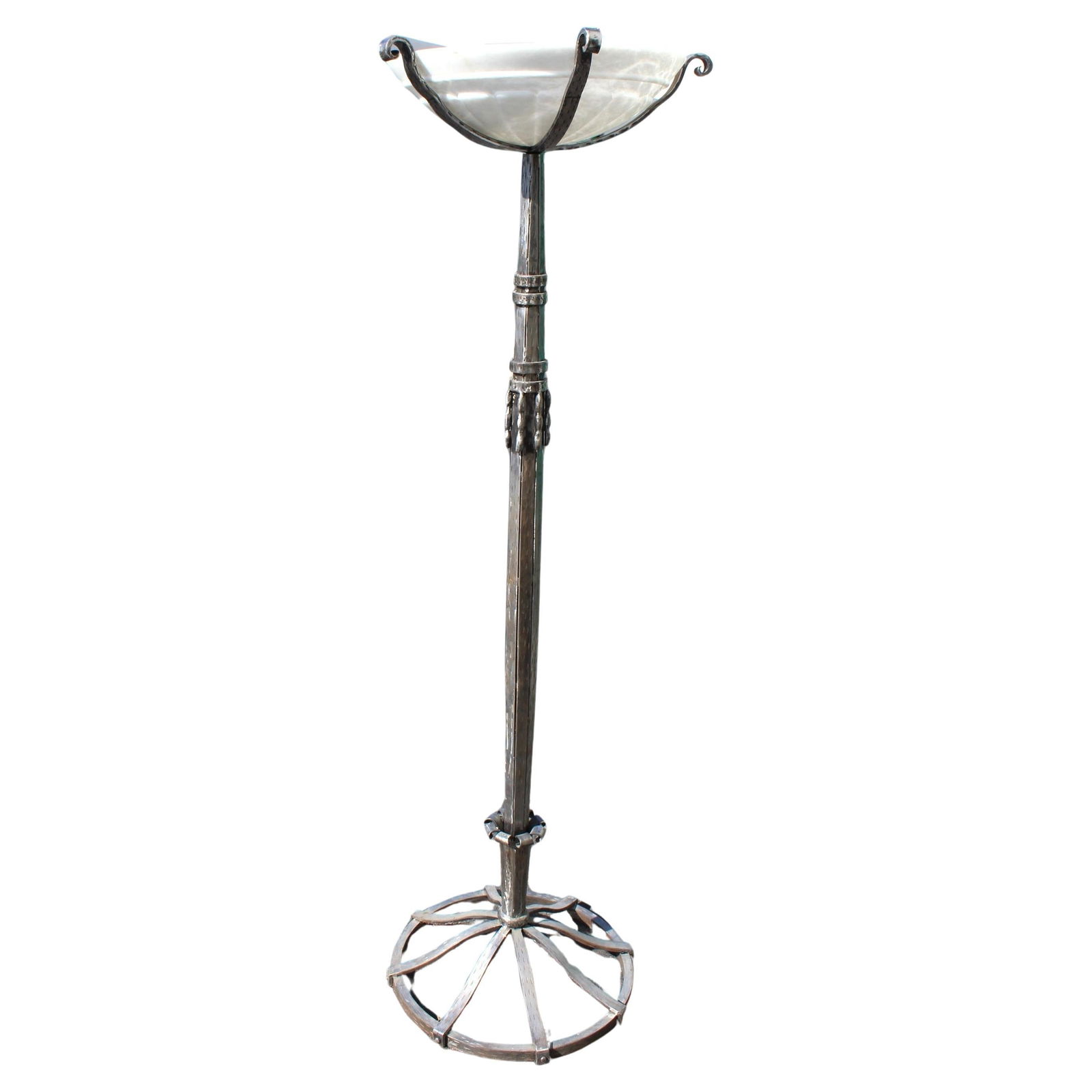 Art Deco/Modern Style Floor Lamp , Alabaster Shade: A Custom Designed and hand forged mild steel floor Lamp in the manor of Art Deco . Possibly the style of Paul Kiss . The alabaster shade from Spain is highly carved and with a ring near the top .