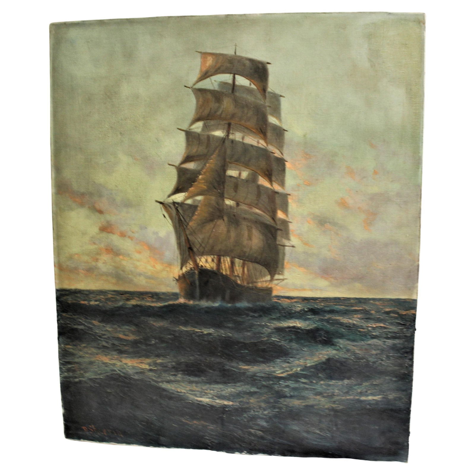 Early 20 Th Century Ships Painting Oil on Canvas English: A very good painting of an English Sailing ship by the listed Artist Daniel Sherrin . Listed in the Benezt ! The title is ( the Black Adder ) Oil on Canvice and signed in lower left side in red. Was