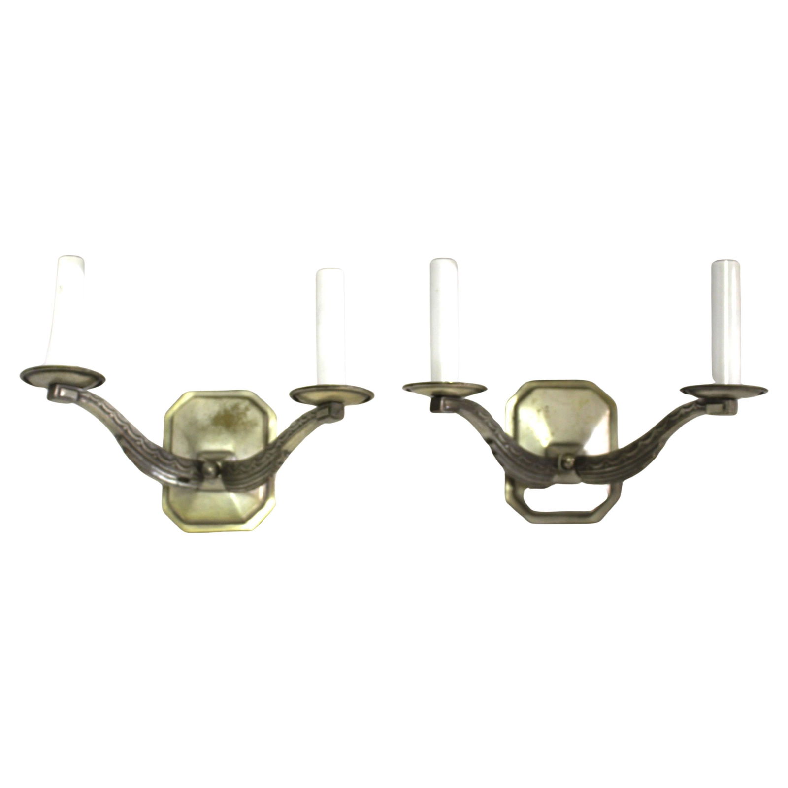Mid Century /Modern/Deco Style Sconces , Nickel Finish , Pair: A Custom designed sconce in Mid Century /Deco style . Solid brass castings showing deco wavy design on the support arms . Custom made for his showroom in Los Angeles ,and these are the showroom